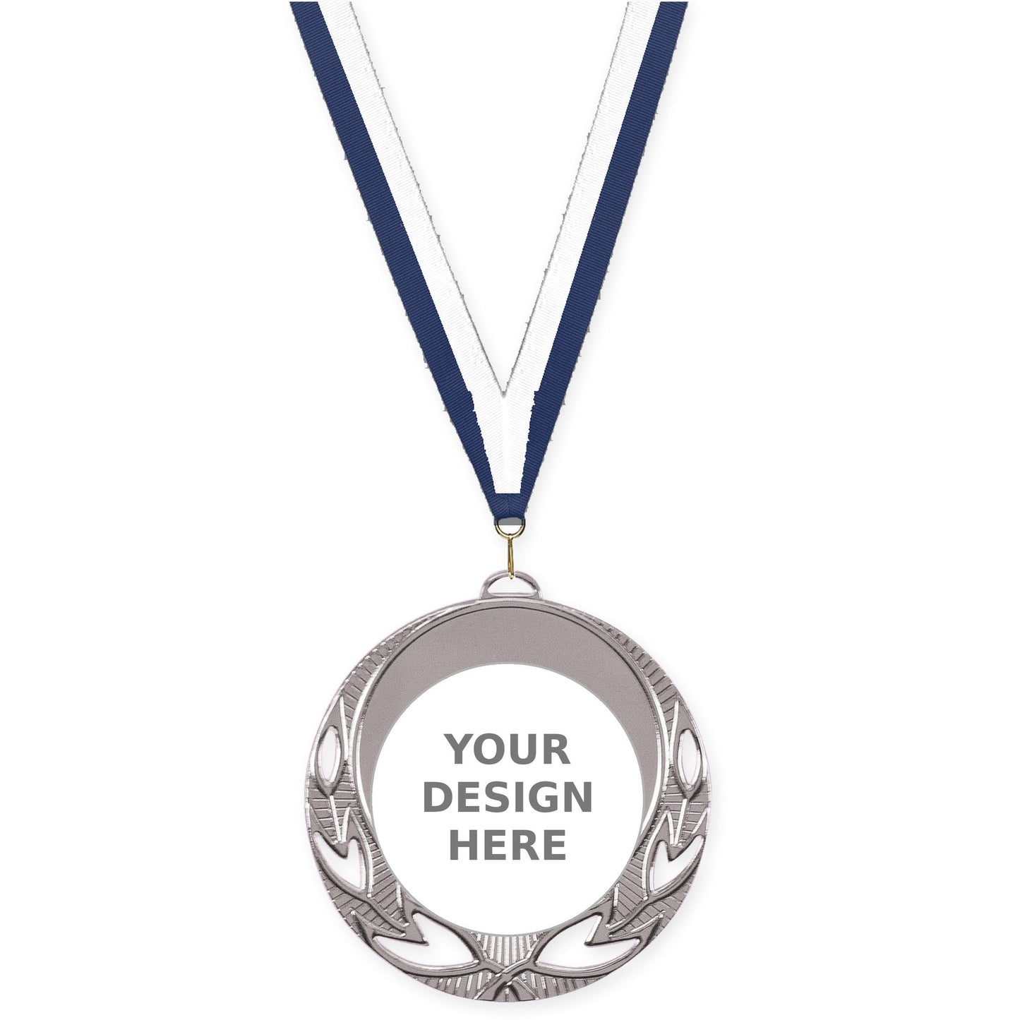 2 3/4 inch Open Laurel insert medal in bright silver with Navy White neck ribbon