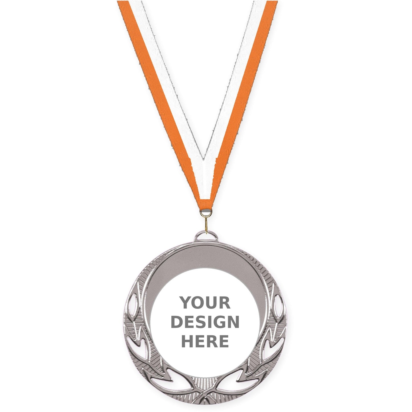 2 3/4 inch Open Laurel insert medal in bright silver with Orange White neck ribbon