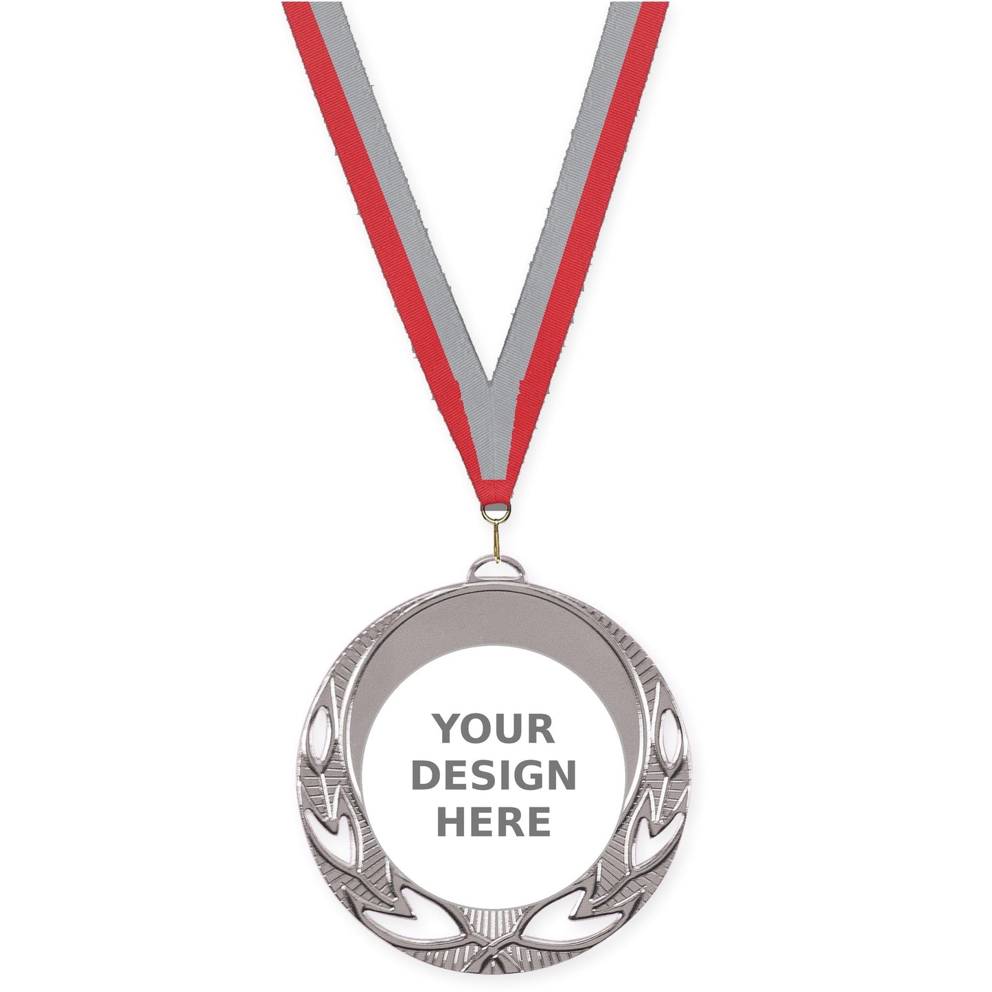 2 3/4 inch Open Laurel insert medal in bright silver with Red Gray neck ribbon