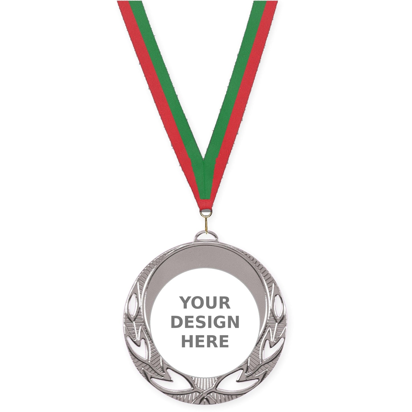 2 3/4 inch Open Laurel insert medal in bright silver with Red Green neck ribbon