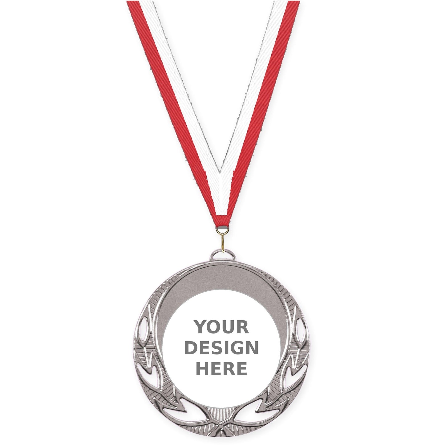 2 3/4 inch Open Laurel insert medal in bright silver with Red White neck ribbon