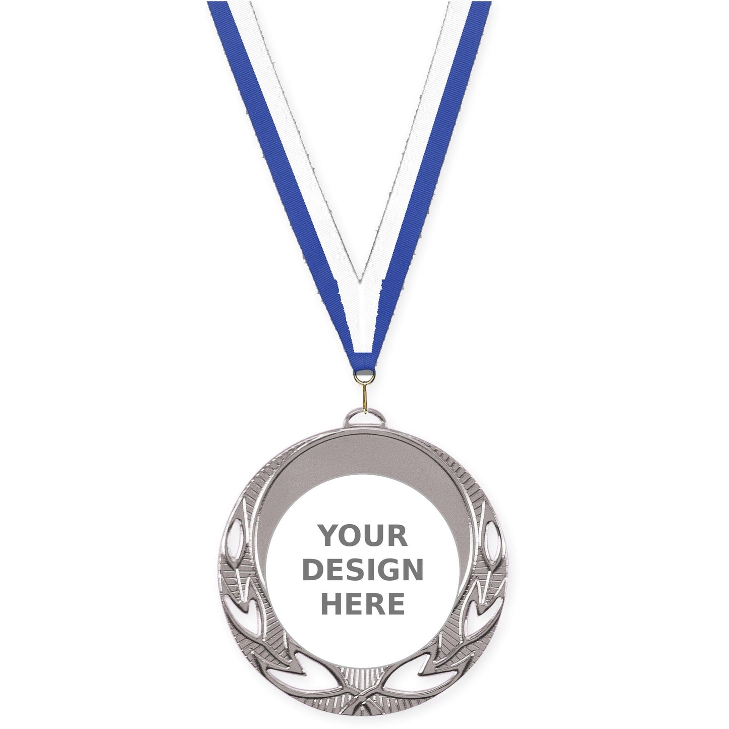 2 3/4 inch Open Laurel insert medal in bright silver with Blue White neck ribbon