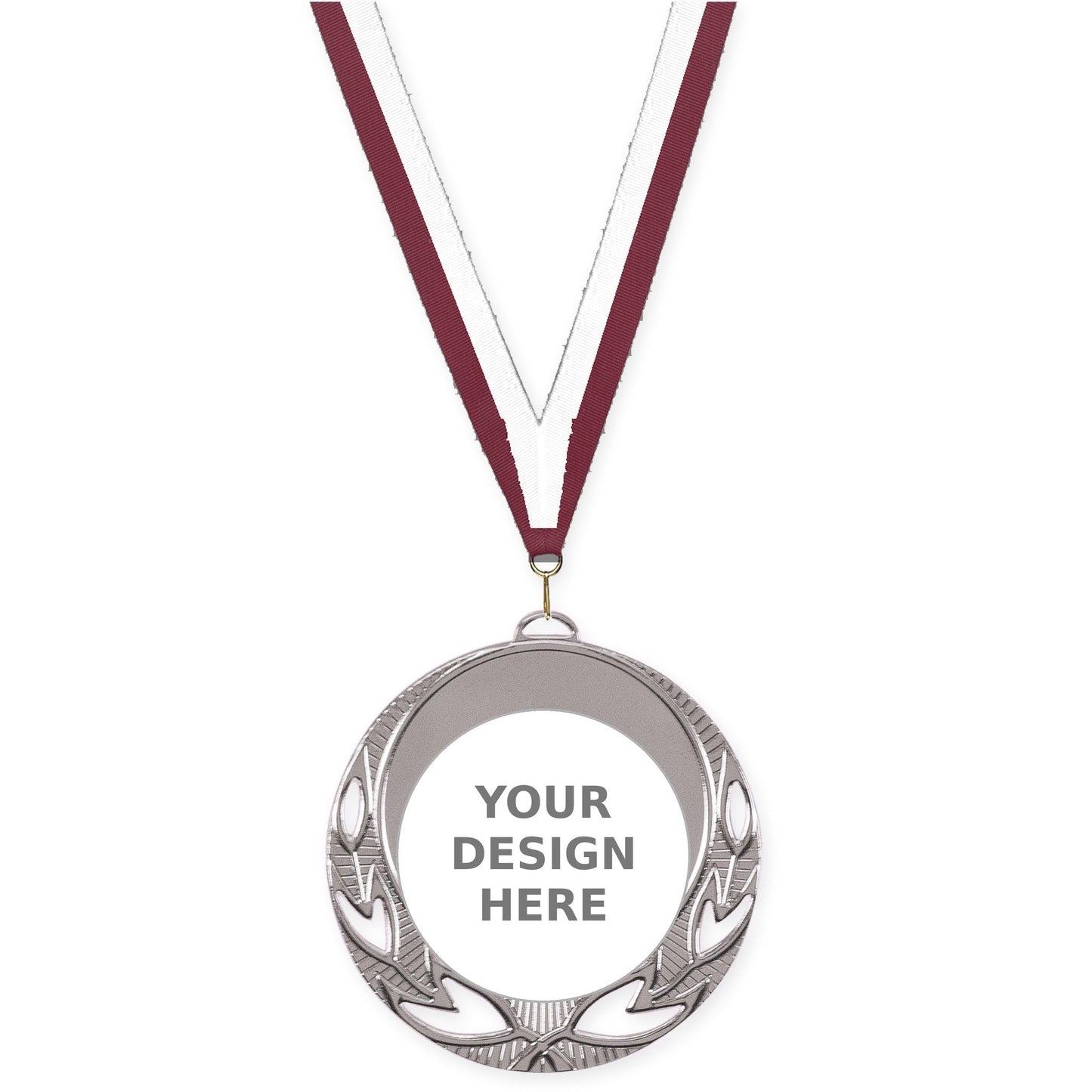 2 3/4 inch Open Laurel insert medal in bright silver with Maroon White neck ribbon