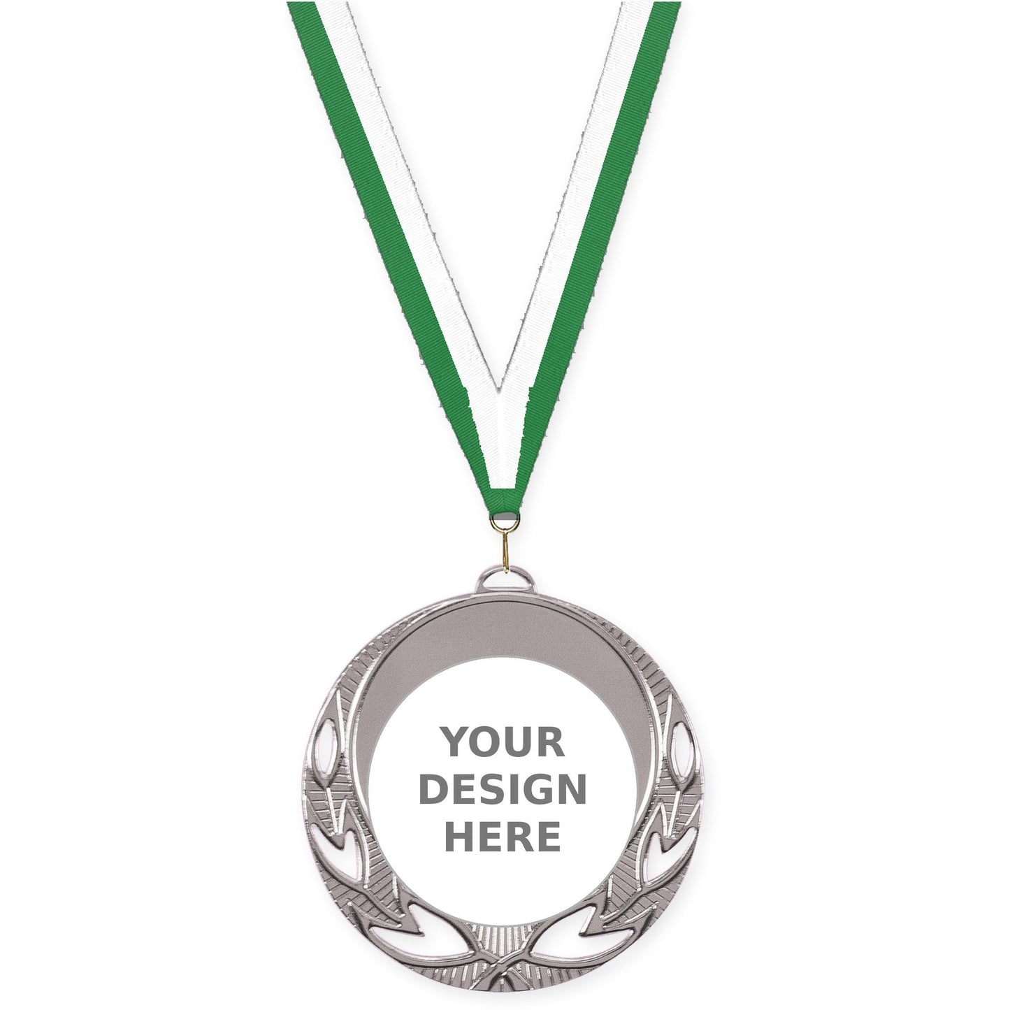 2 3/4 inch Open Laurel insert medal in bright silver with Green White neck ribbon