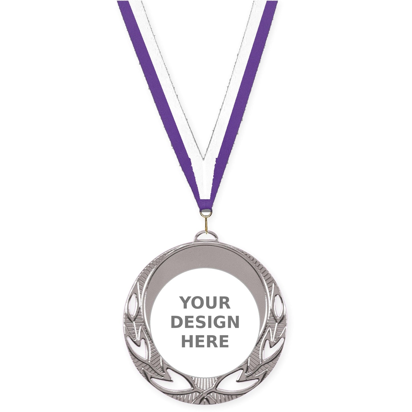 2 3/4 inch Open Laurel insert medal in bright silver with Purple White neck ribbon
