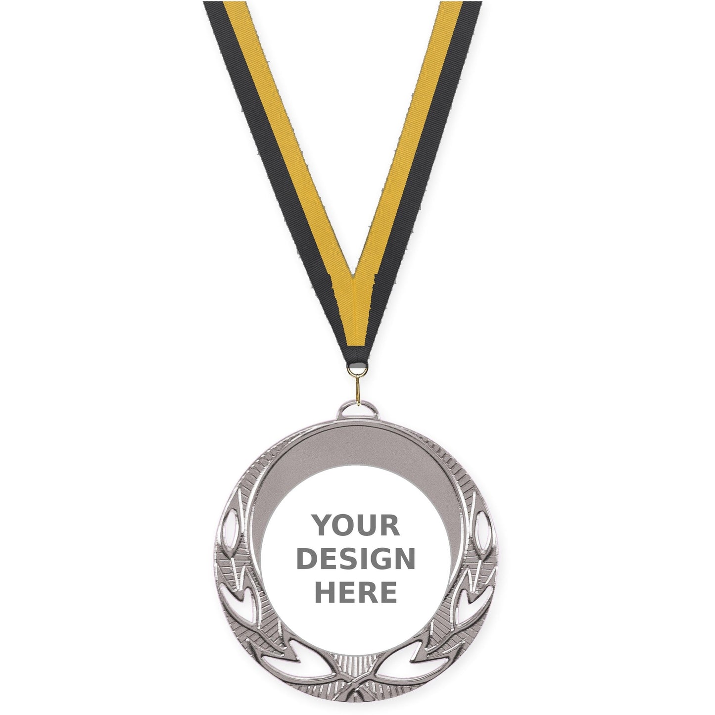 2 3/4 inch Open Laurel insert medal in bright silver with Black Gold neck ribbon