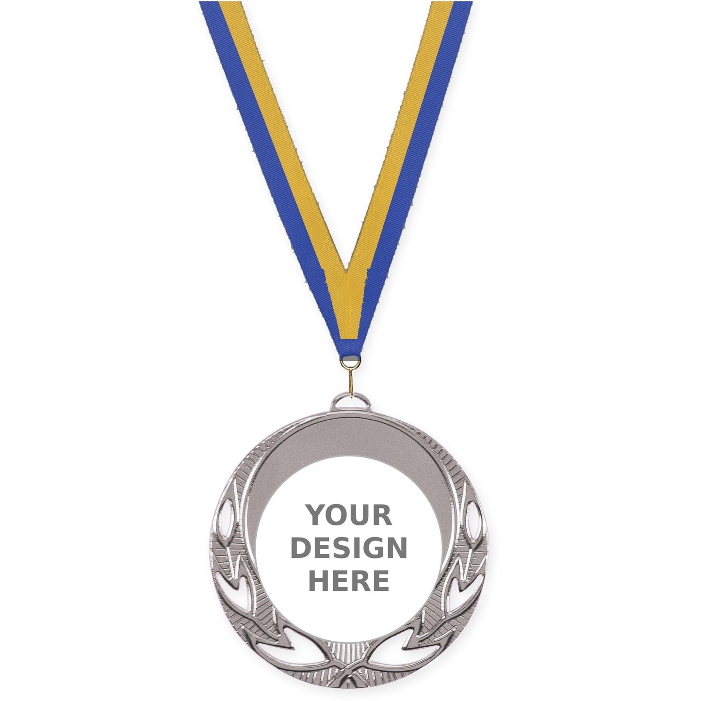 2 3/4 inch Open Laurel insert medal in bright silver with Blue Gold neck ribbon