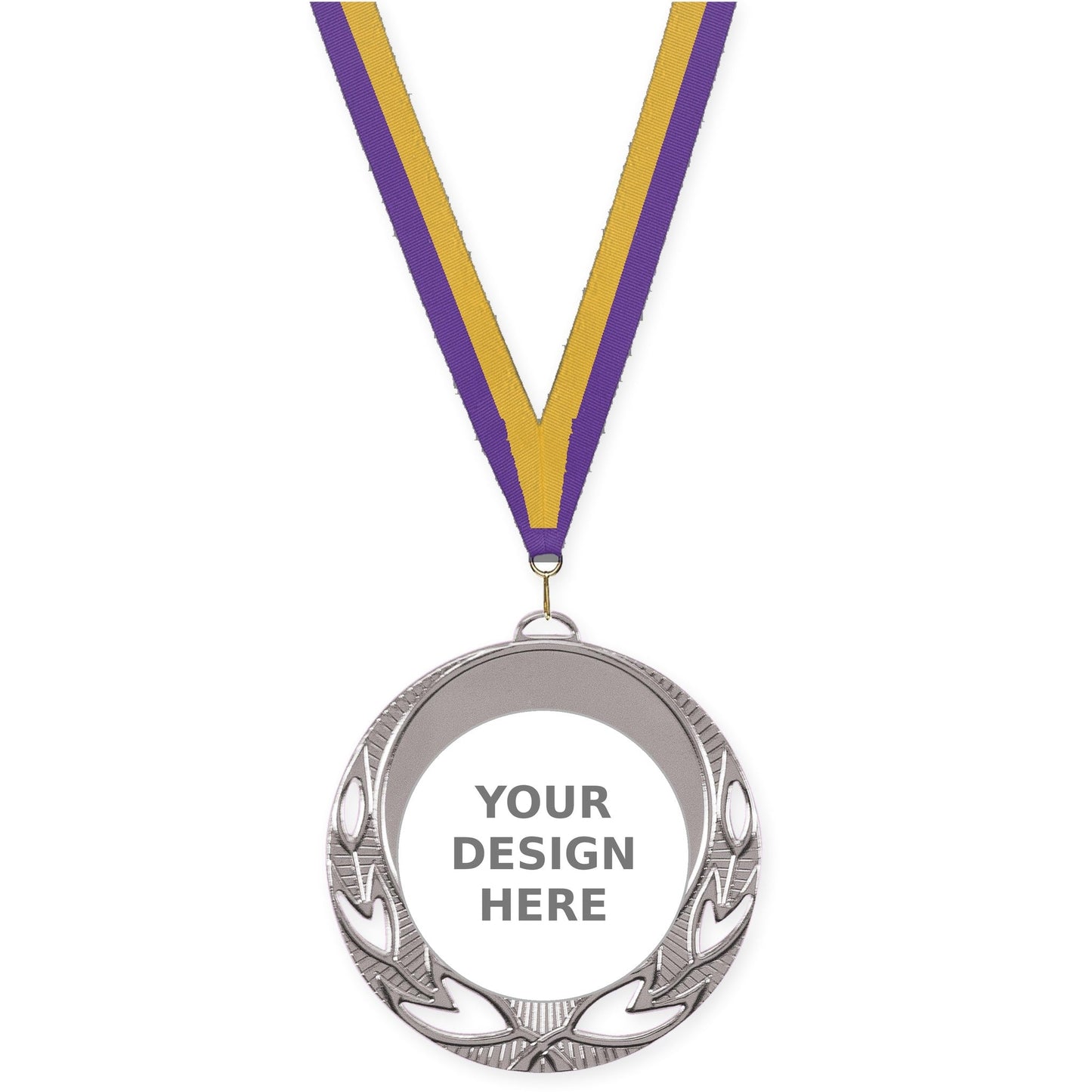 2 3/4 inch Open Laurel insert medal in bright silver with Purple Gold neck ribbon