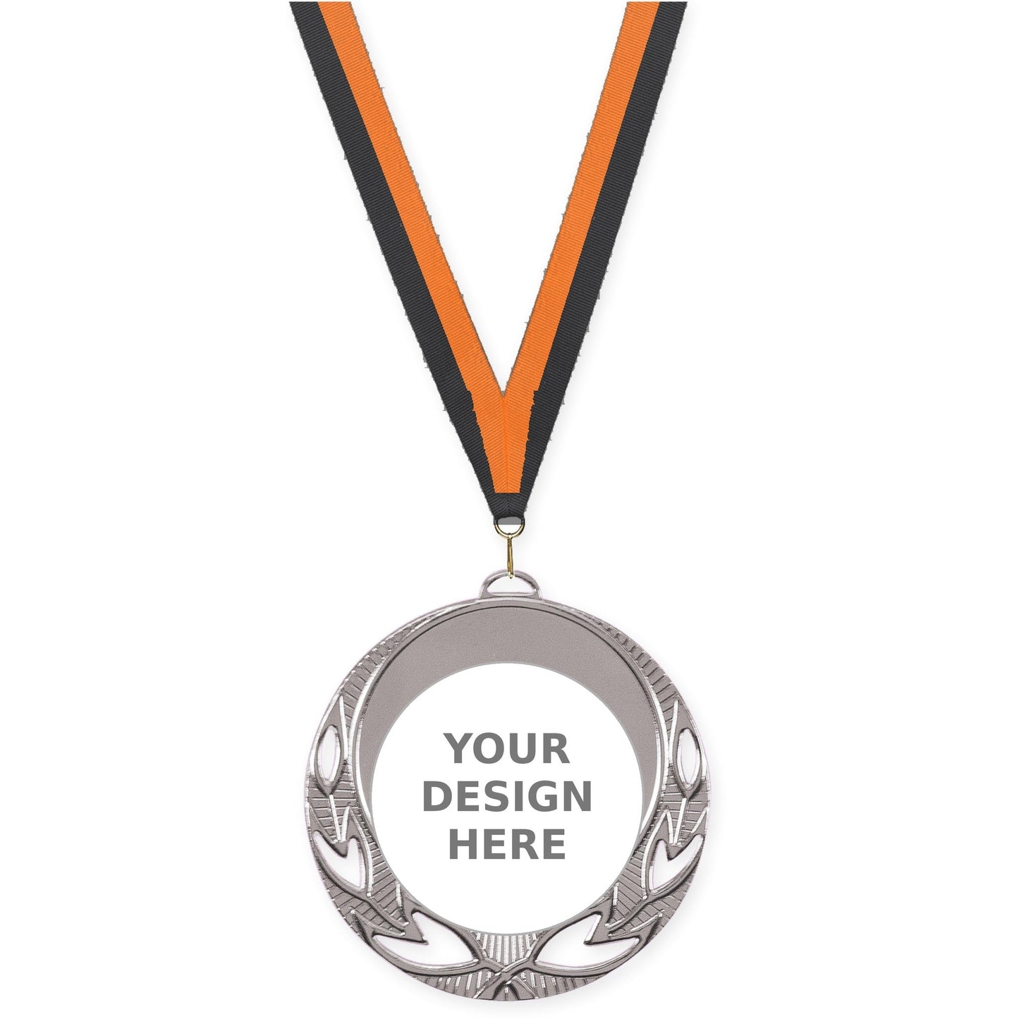 2 3/4 inch Open Laurel insert medal in bright silver with Black Orange neck ribbon