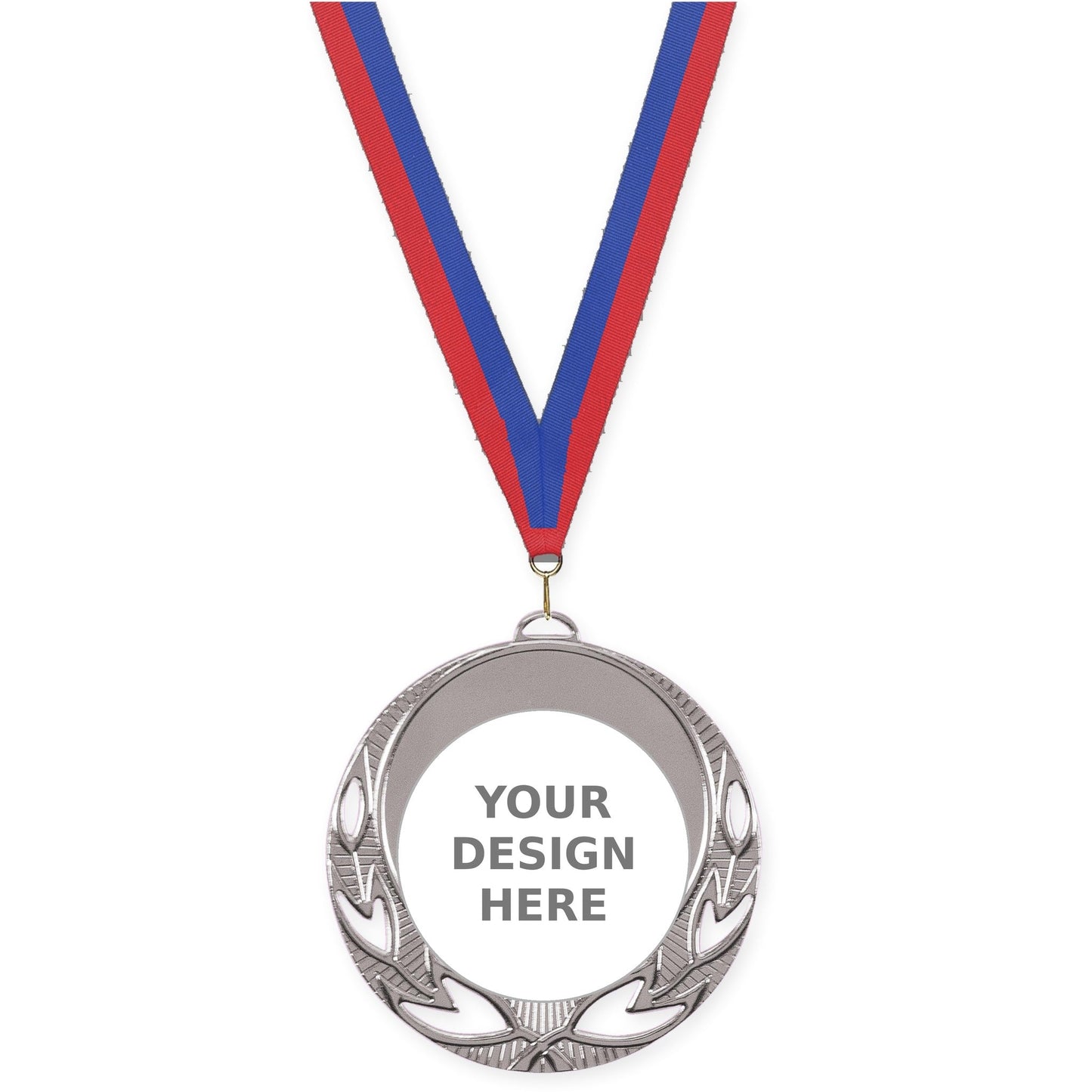 2 3/4 inch Open Laurel insert medal in bright silver with Blue Red neck ribbon
