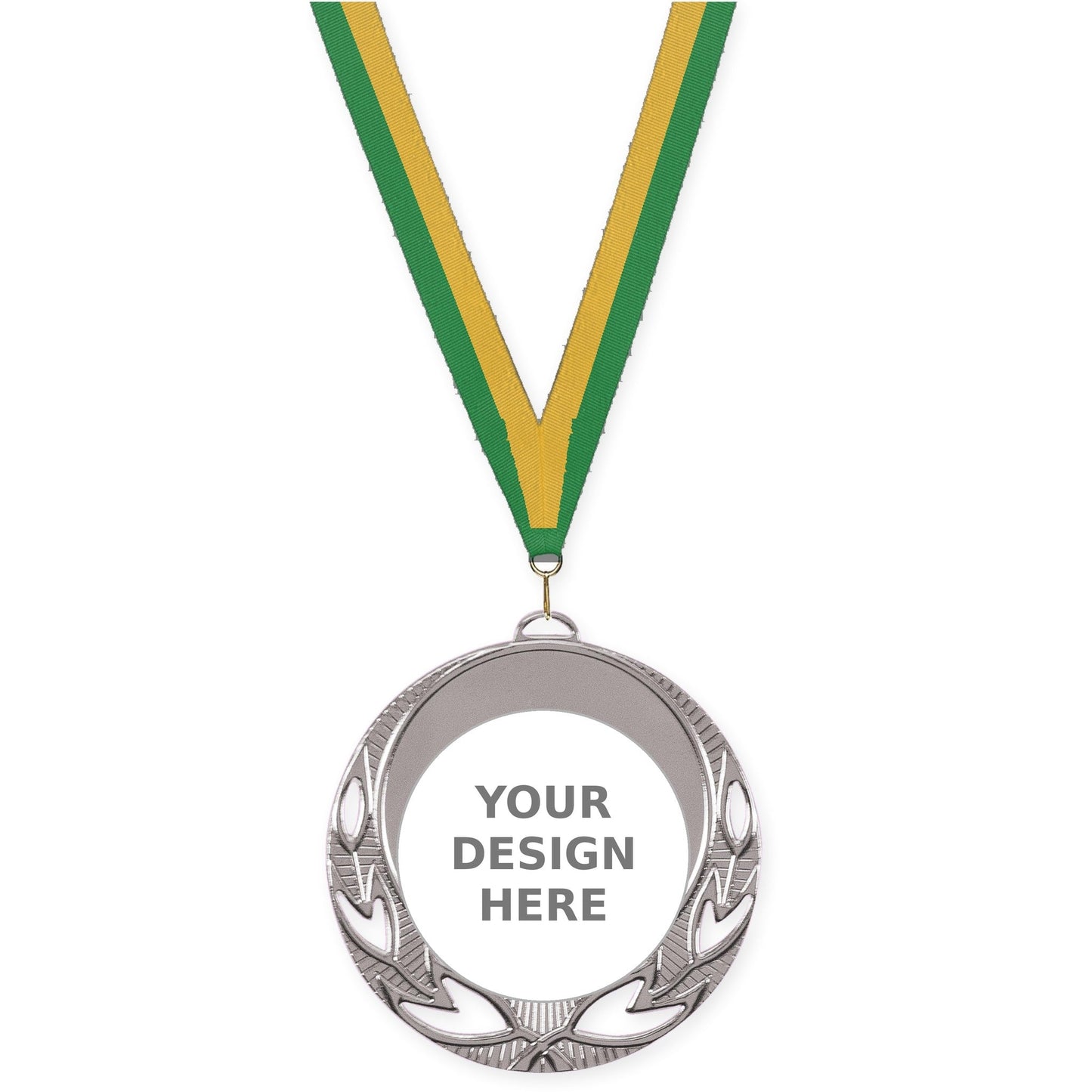 2 3/4 inch Open Laurel insert medal in bright silver with Green Gold neck ribbon