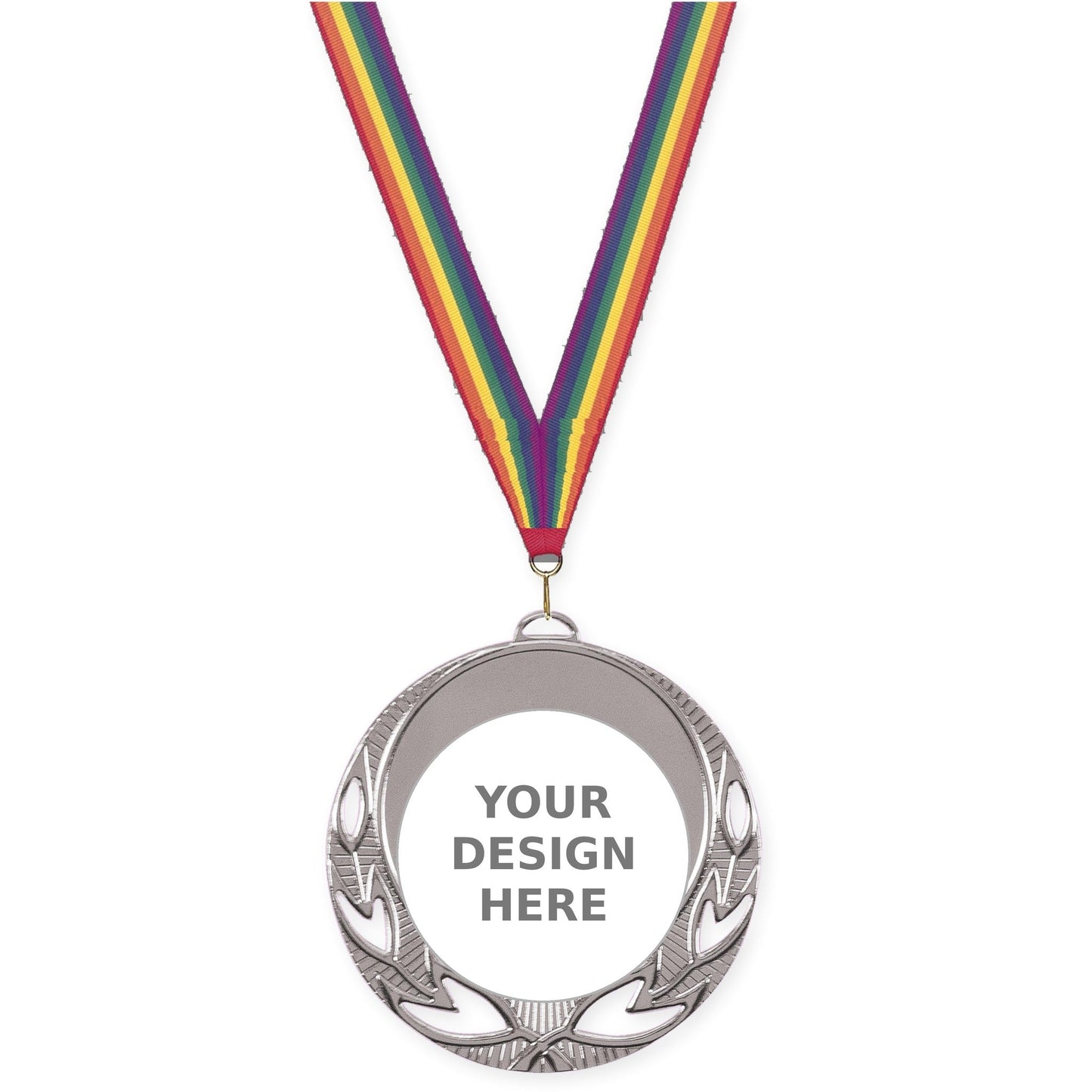 2 3/4 inch Open Laurel insert medal in bright silver with Rainbow neck ribbon