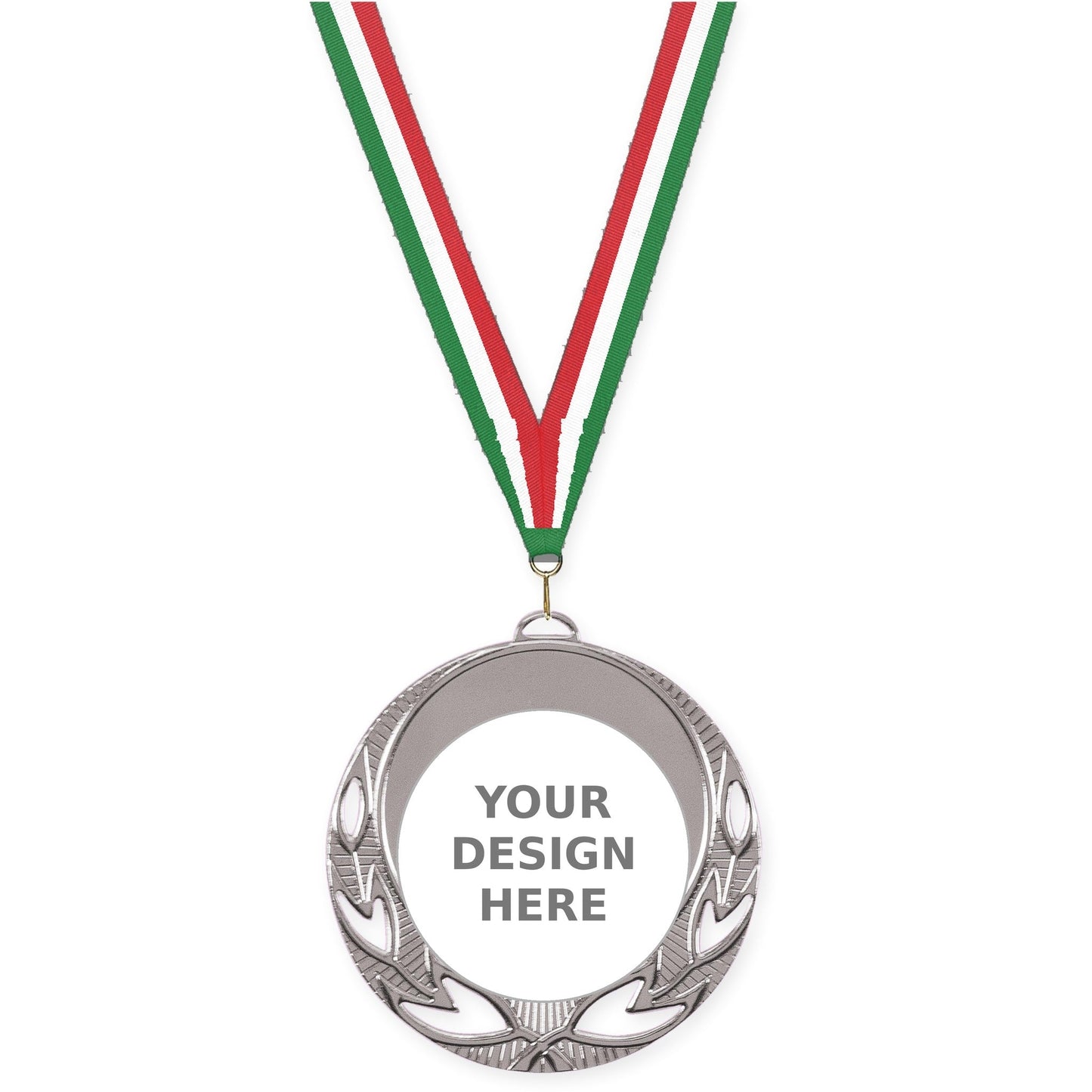 2 3/4 inch Open Laurel insert medal in bright silver with Green White Red neck ribbon