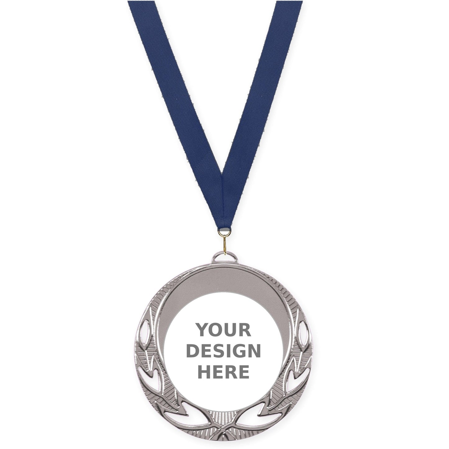 2 3/4 inch Open Laurel insert medal in bright silver with Navy neck ribbon