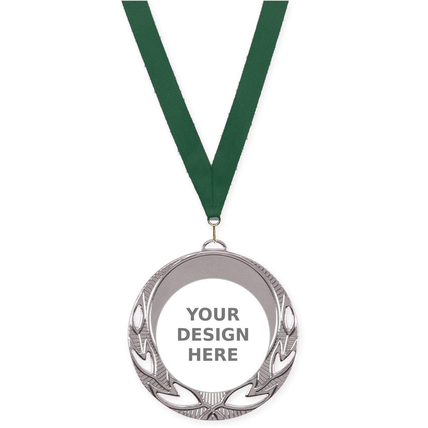2 3/4 inch Open Laurel insert medal in bright silver with Hunter Green neck ribbon