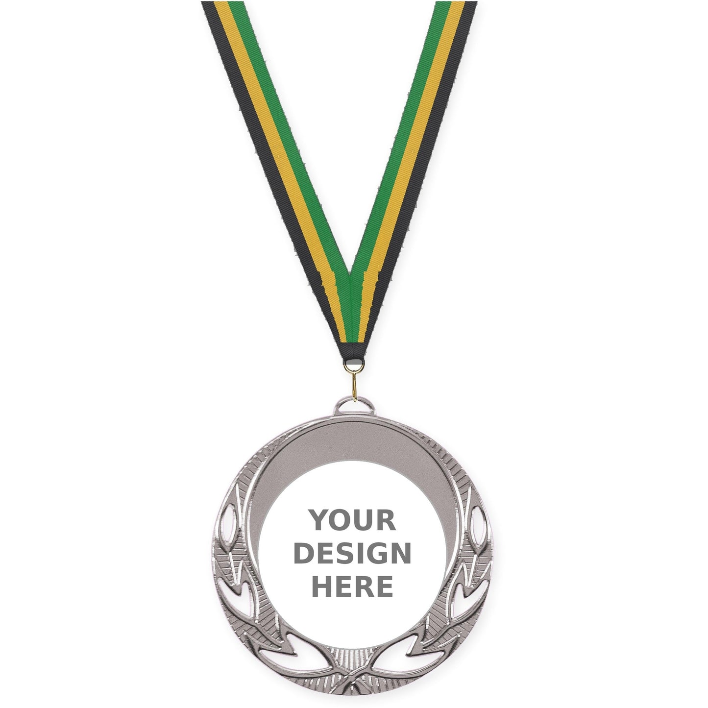 2 3/4 inch Open Laurel insert medal in bright silver with Black Gold Green neck ribbon