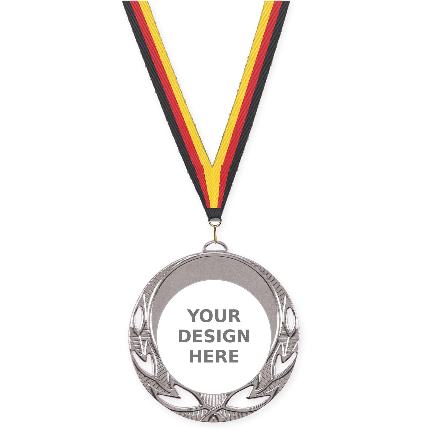 2 3/4 inch Open Laurel insert medal in bright silver with Black Red Yellow neck ribbon