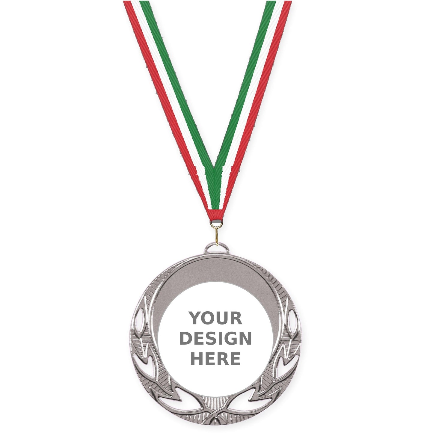 2 3/4 inch Open Laurel insert medal in bright silver with Red White Green neck ribbon