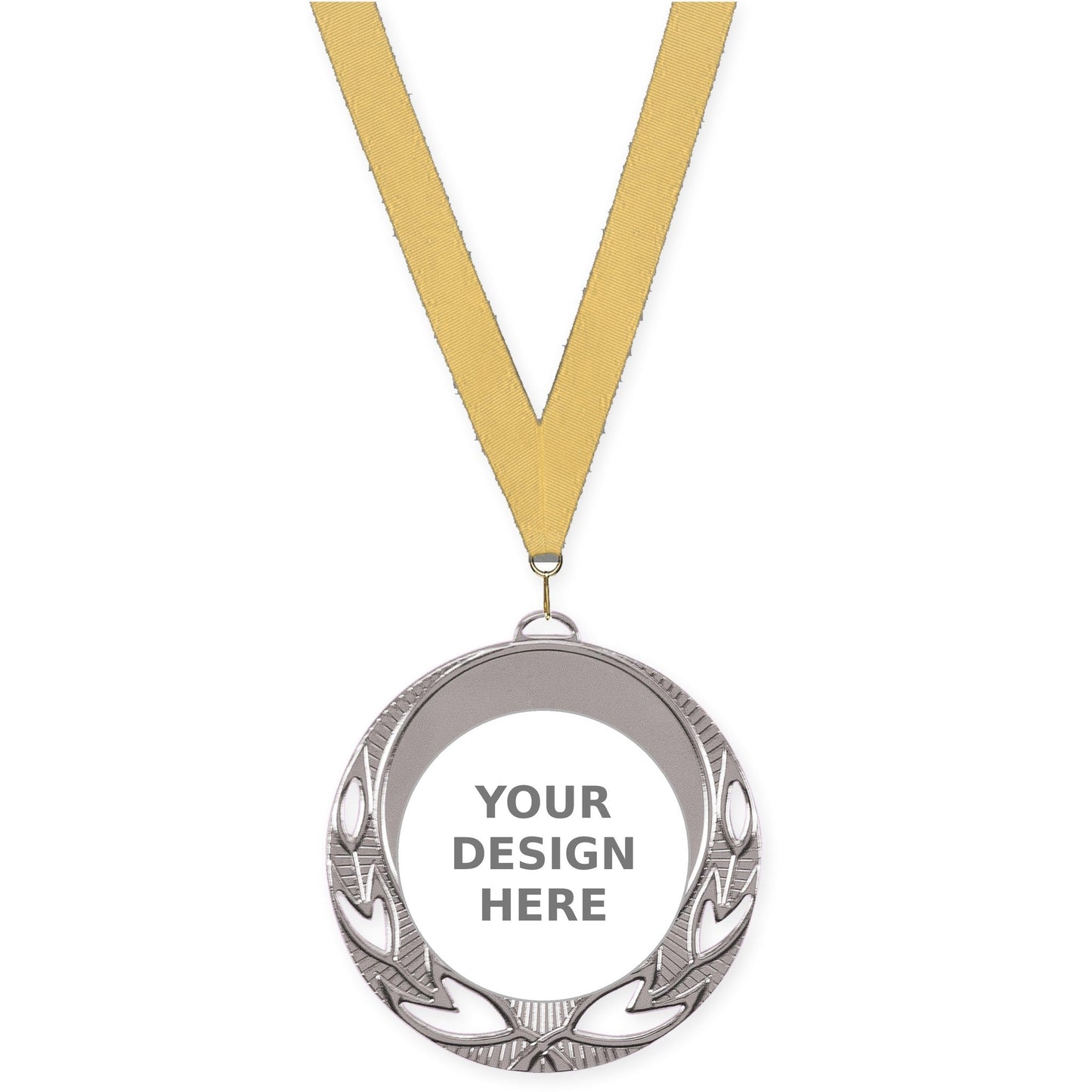 2 3/4 inch Open Laurel insert medal in bright silver with Gold Metallic neck ribbon