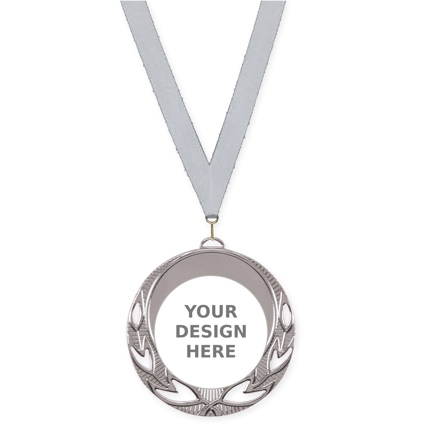 2 3/4 inch Open Laurel insert medal in bright silver with Silver Metallic neck ribbon