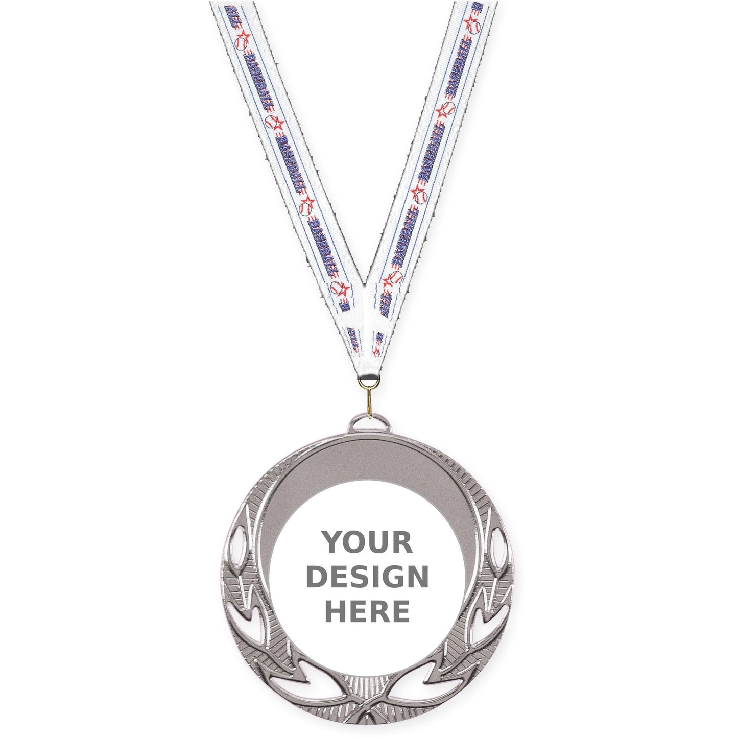 2 3/4 inch Open Laurel insert medal in bright silver with Baseball neck ribbon