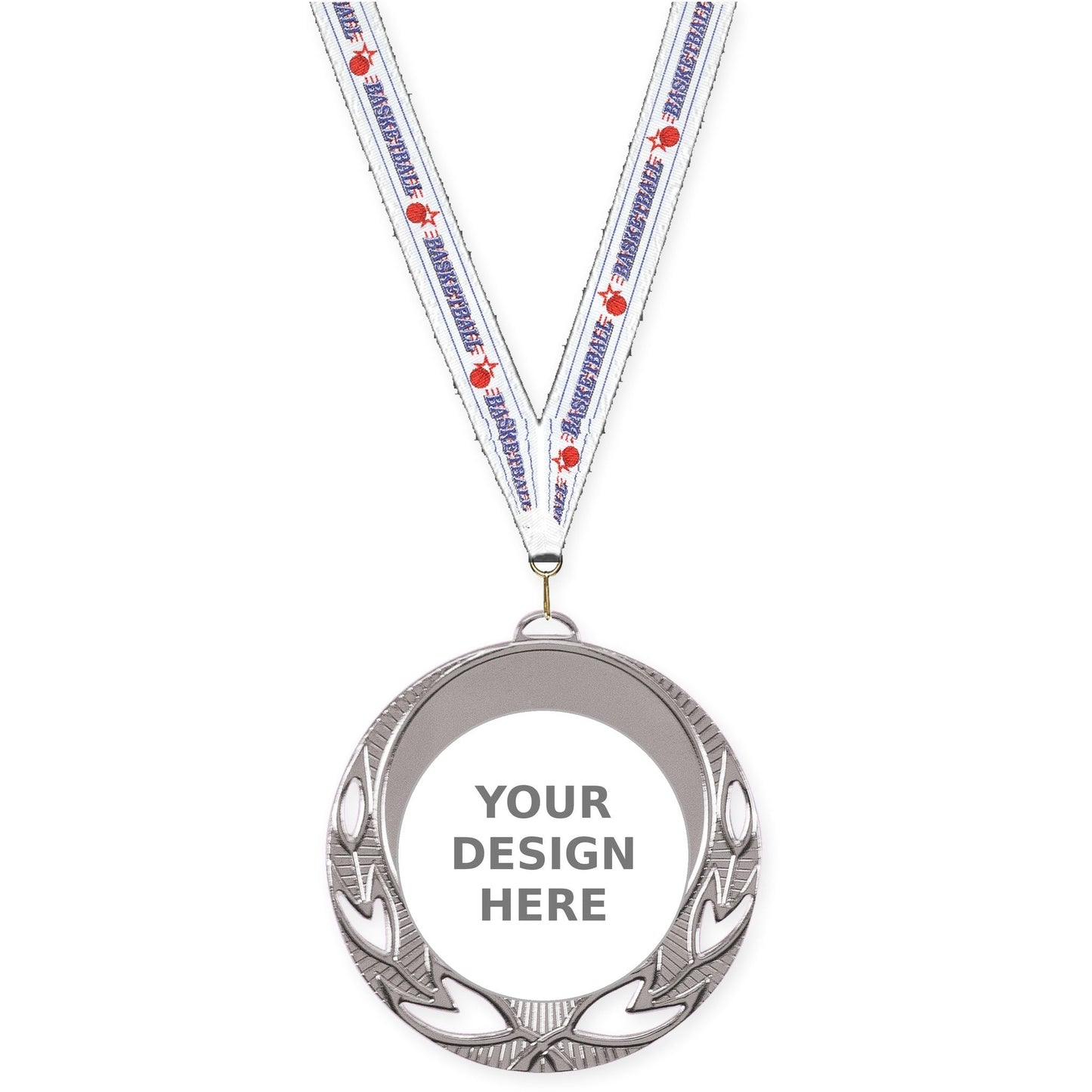 2 3/4 inch Open Laurel insert medal in bright silver with Basketball neck ribbon