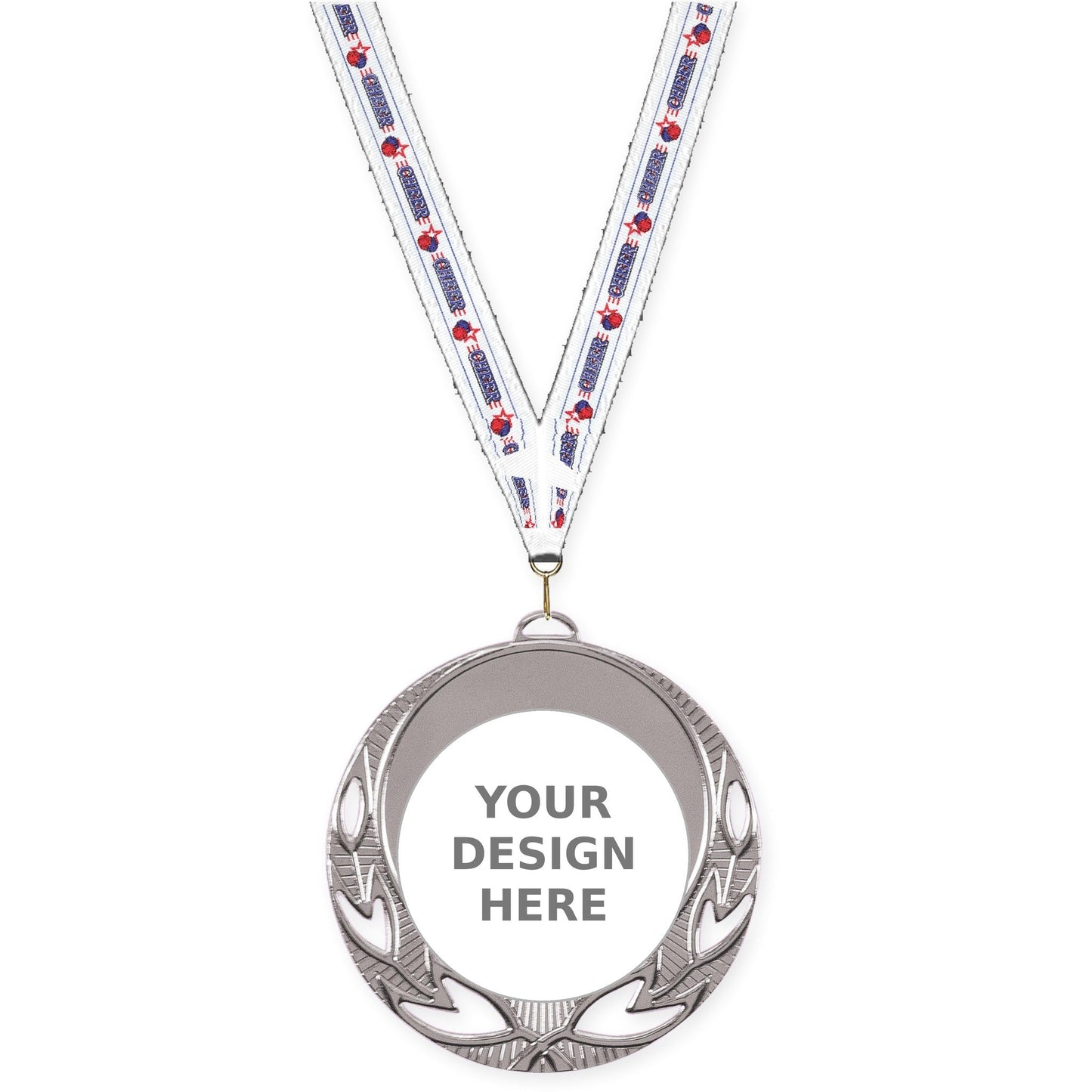 2 3/4 inch Open Laurel insert medal in bright silver with Cheerleading neck ribbon