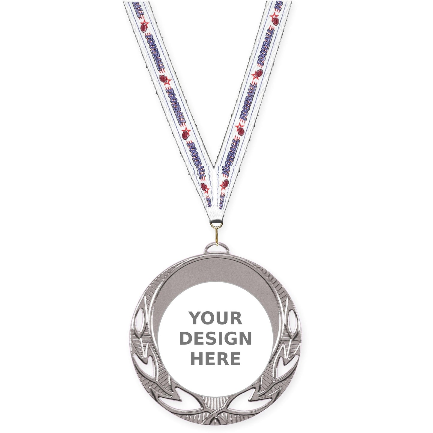 2 3/4 inch Open Laurel insert medal in bright silver with Football neck ribbon