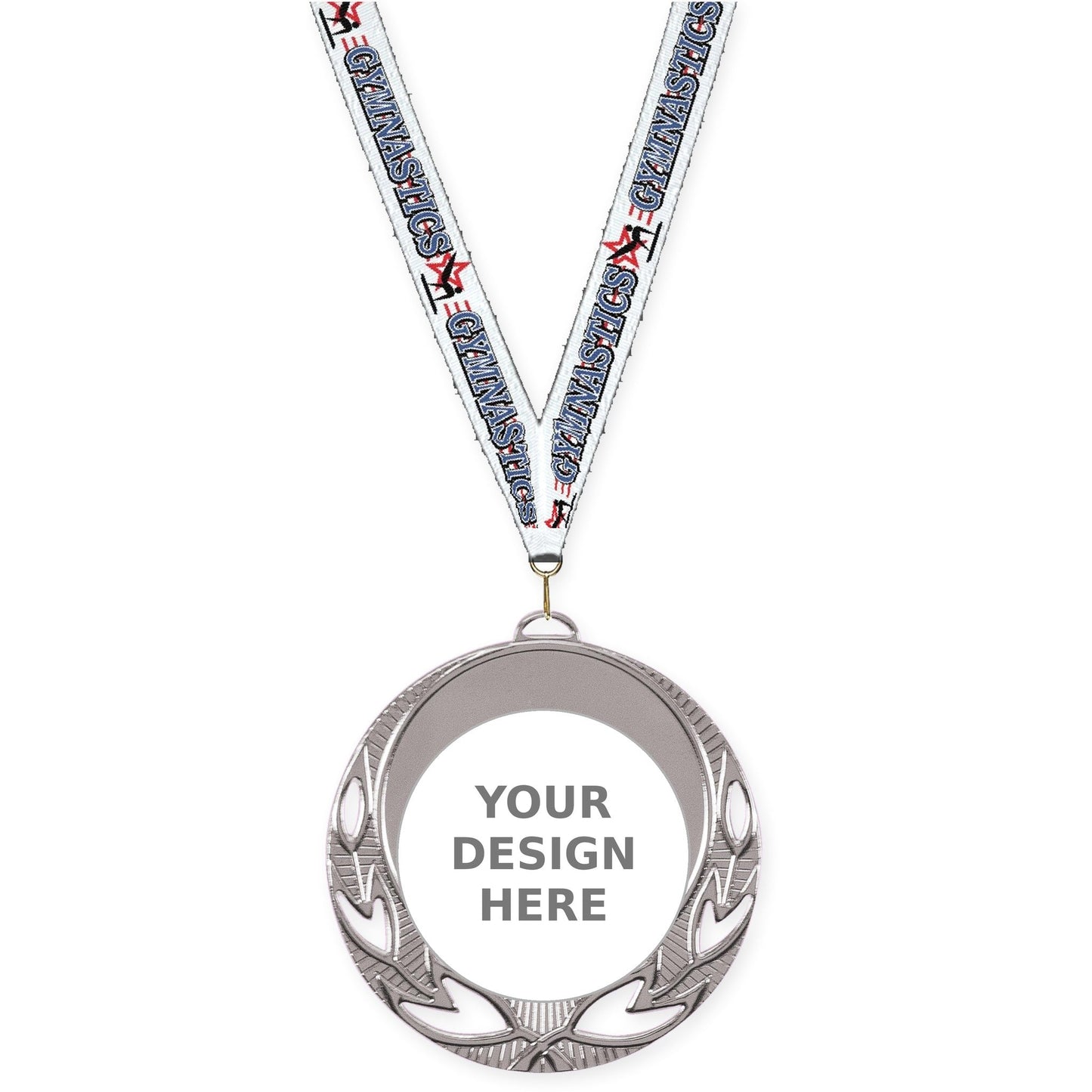 2 3/4 inch Open Laurel insert medal in bright silver with Gymnastics neck ribbon