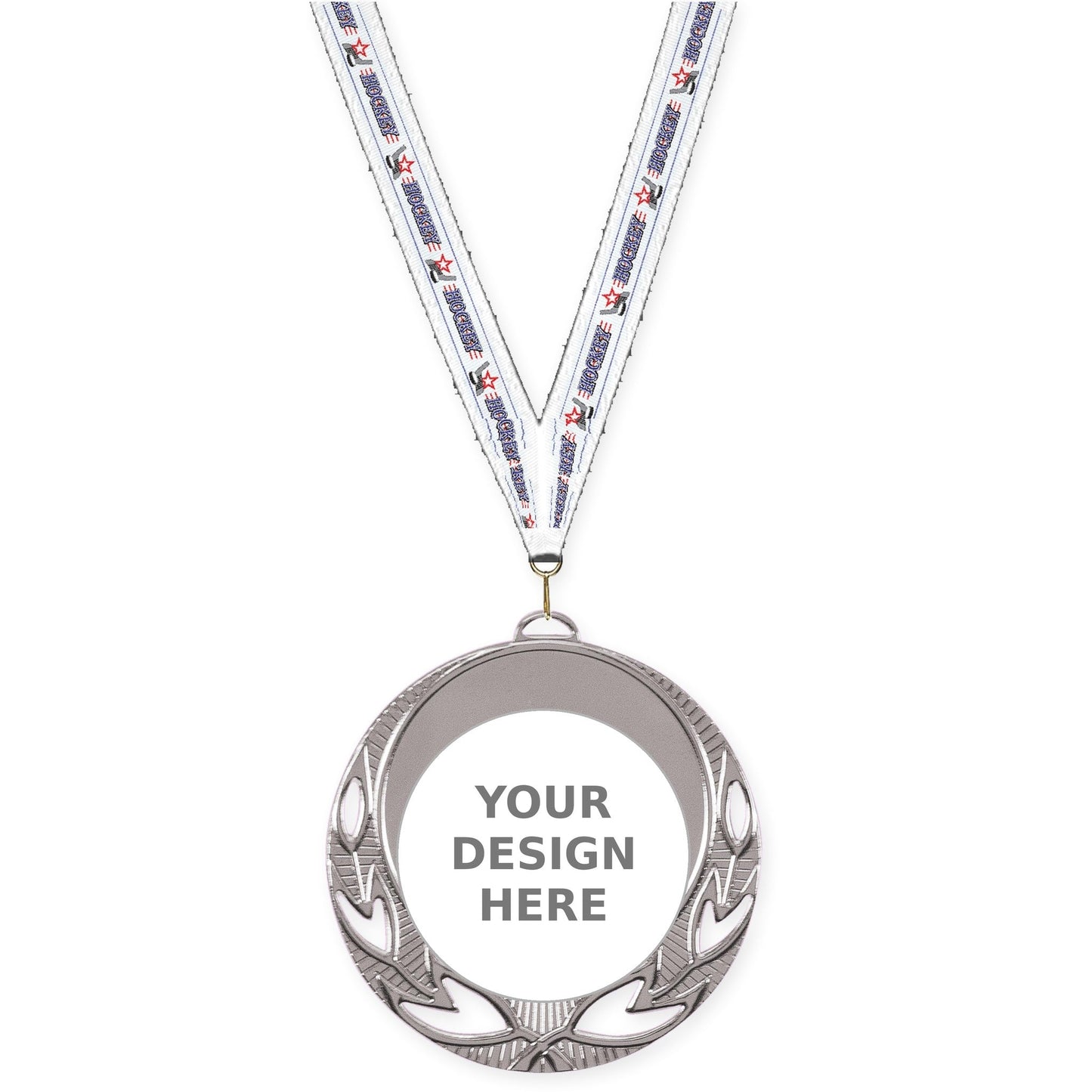 2 3/4 inch Open Laurel insert medal in bright silver with Hockey neck ribbon