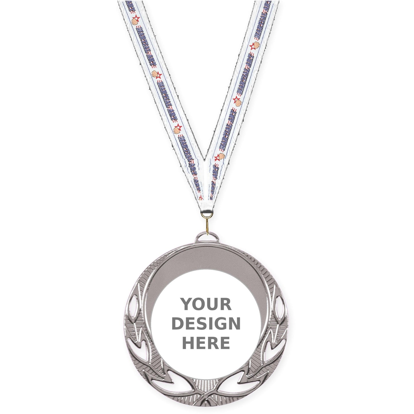 2 3/4 inch Open Laurel insert medal in bright silver with Martial Arts neck ribbon