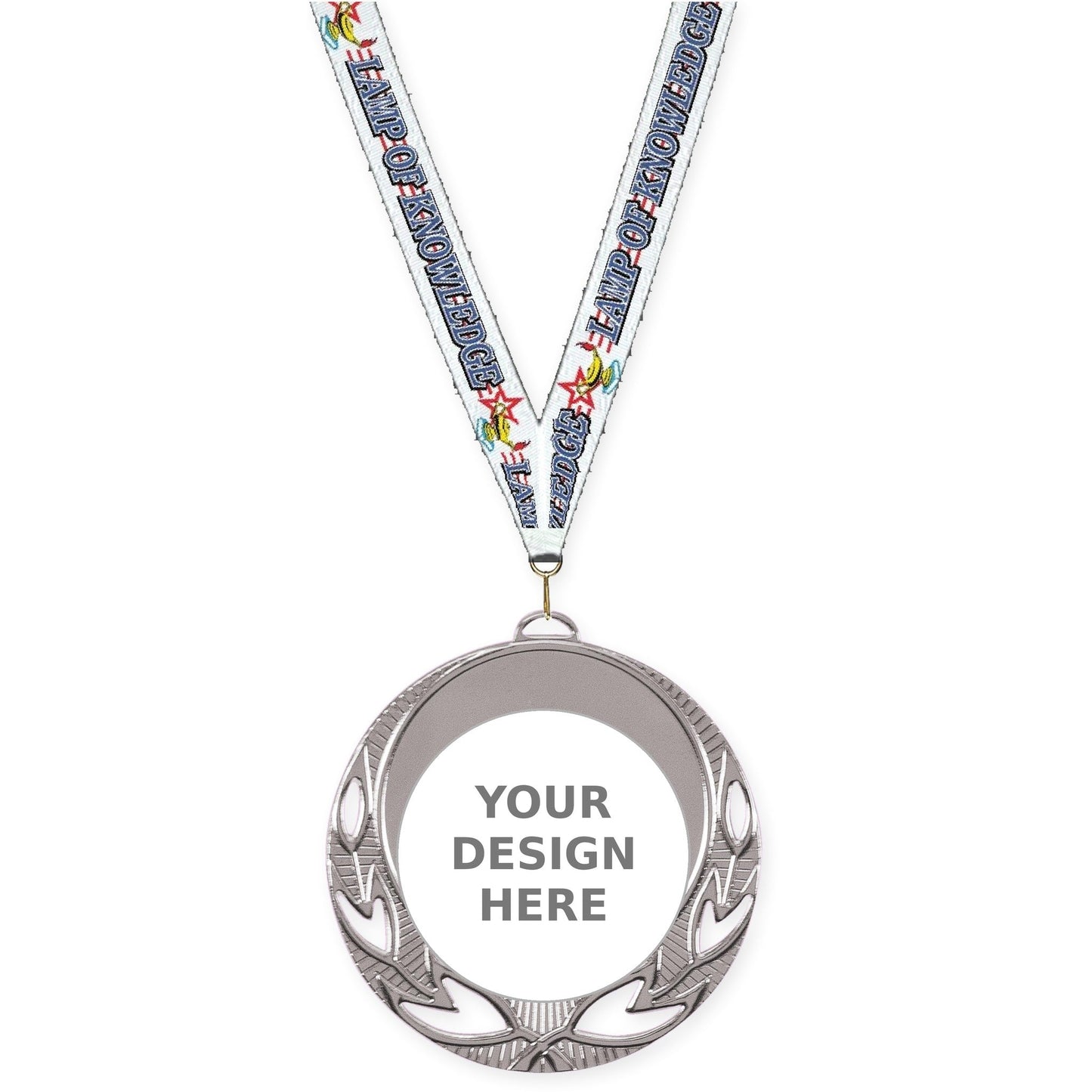 2 3/4 inch Open Laurel insert medal in bright silver with Lamp Of Knowledge neck ribbon