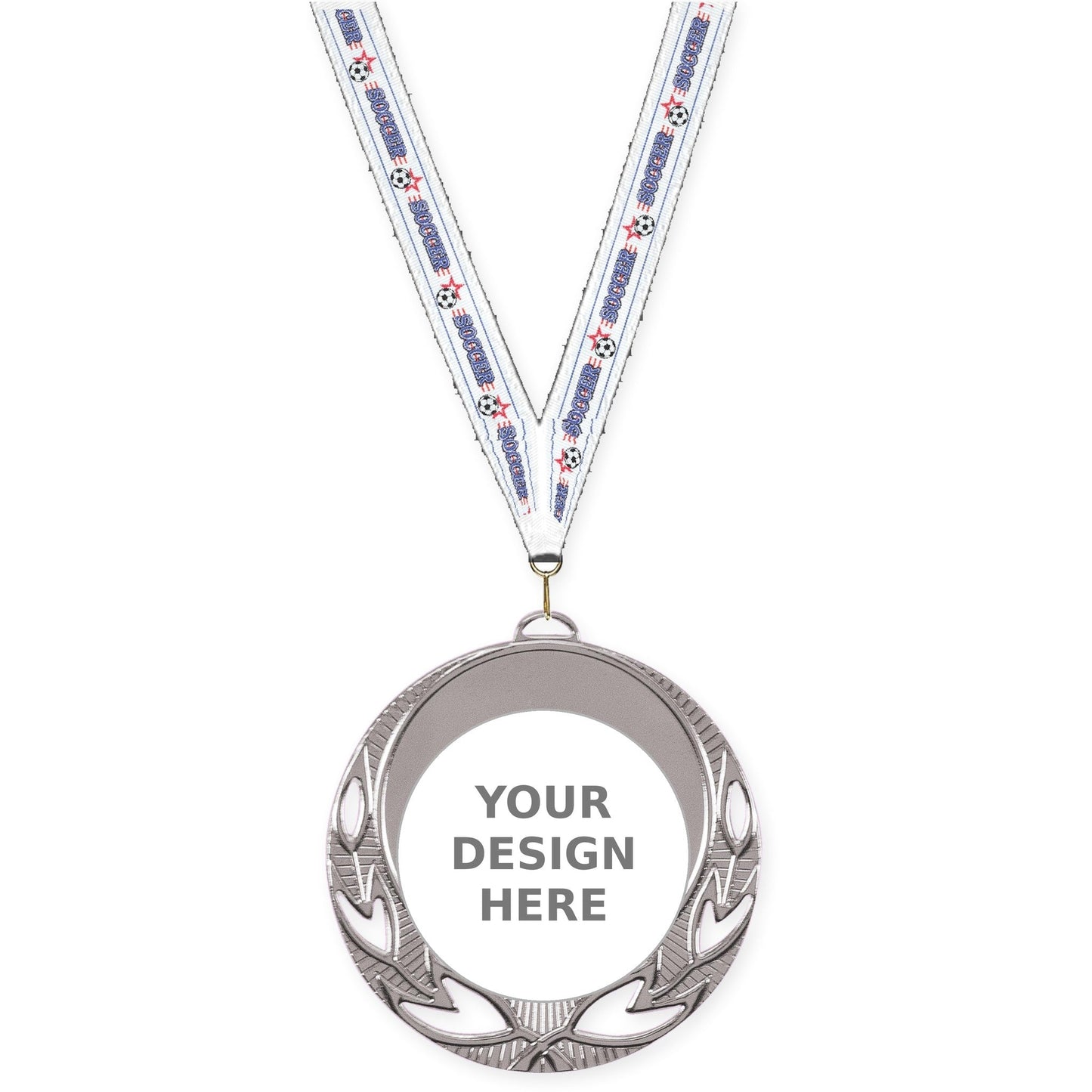2 3/4 inch Open Laurel insert medal in bright silver with Soccer neck ribbon