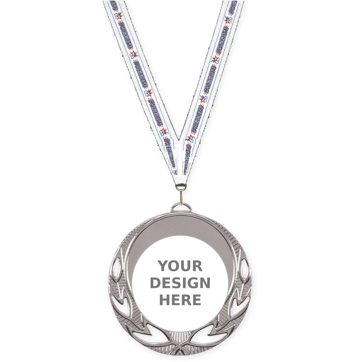 2 3/4 inch Open Laurel insert medal in bright silver with Swimming neck ribbon