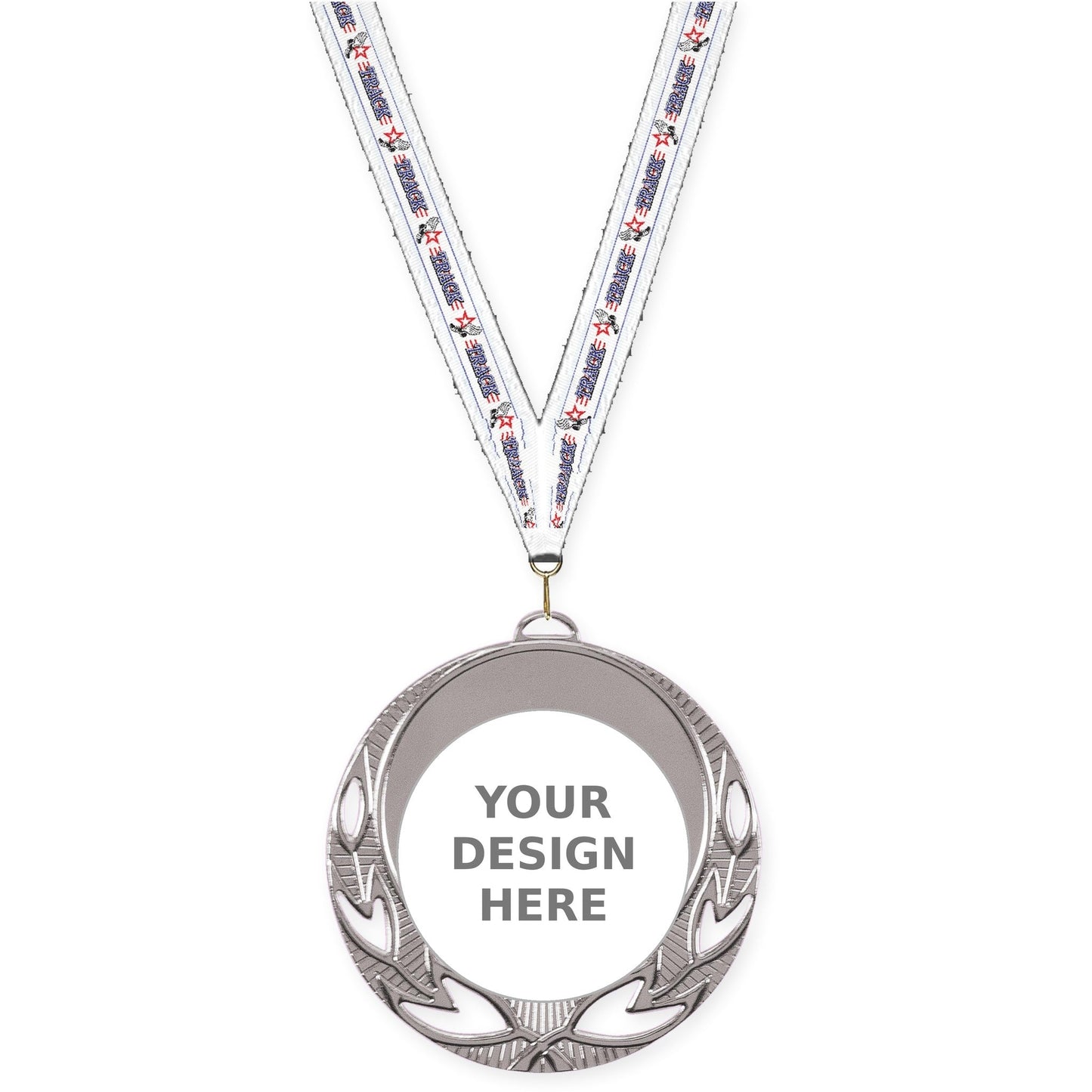 2 3/4 inch Open Laurel insert medal in bright silver with Track neck ribbon