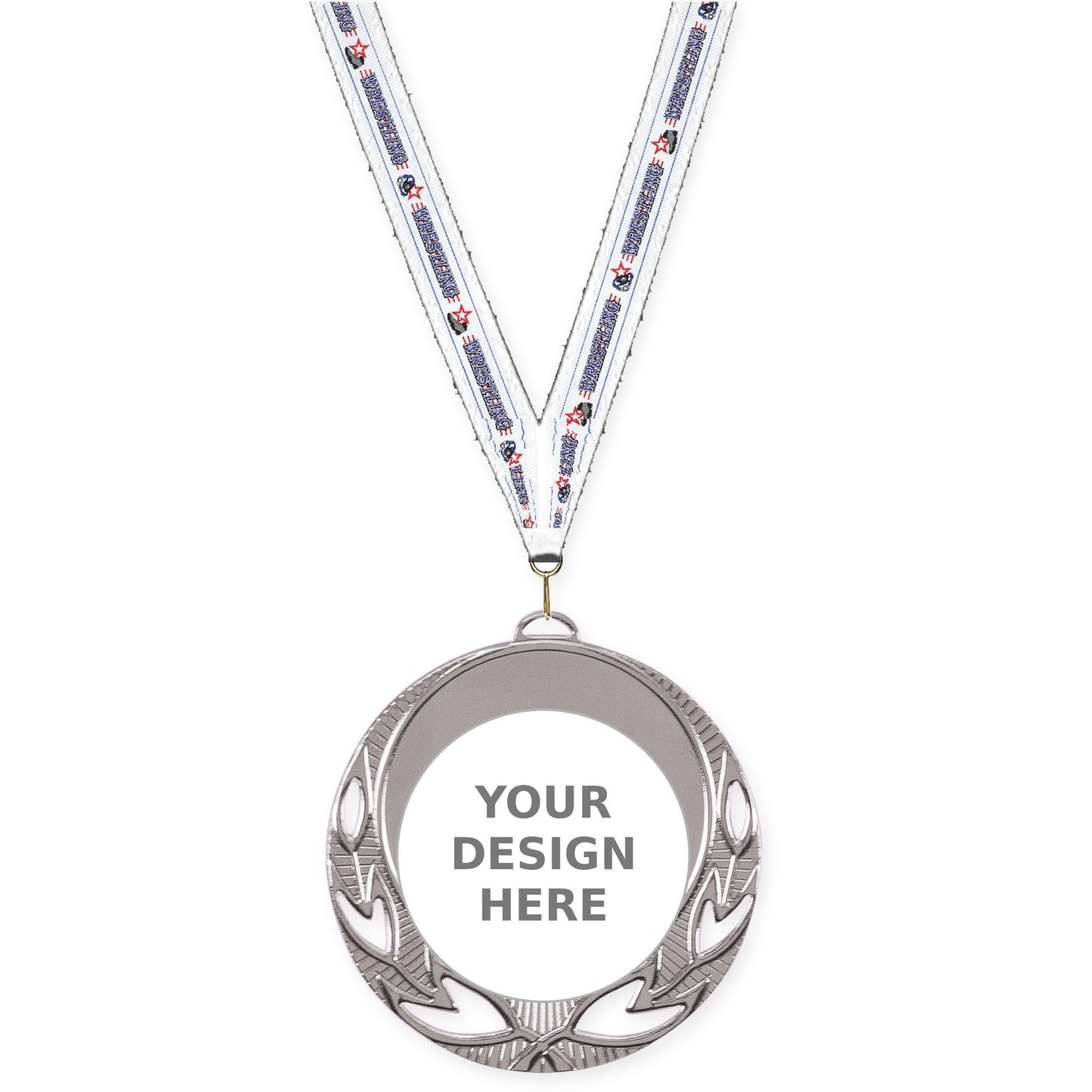 2 3/4 inch Open Laurel insert medal in bright silver with Wrestling neck ribbon