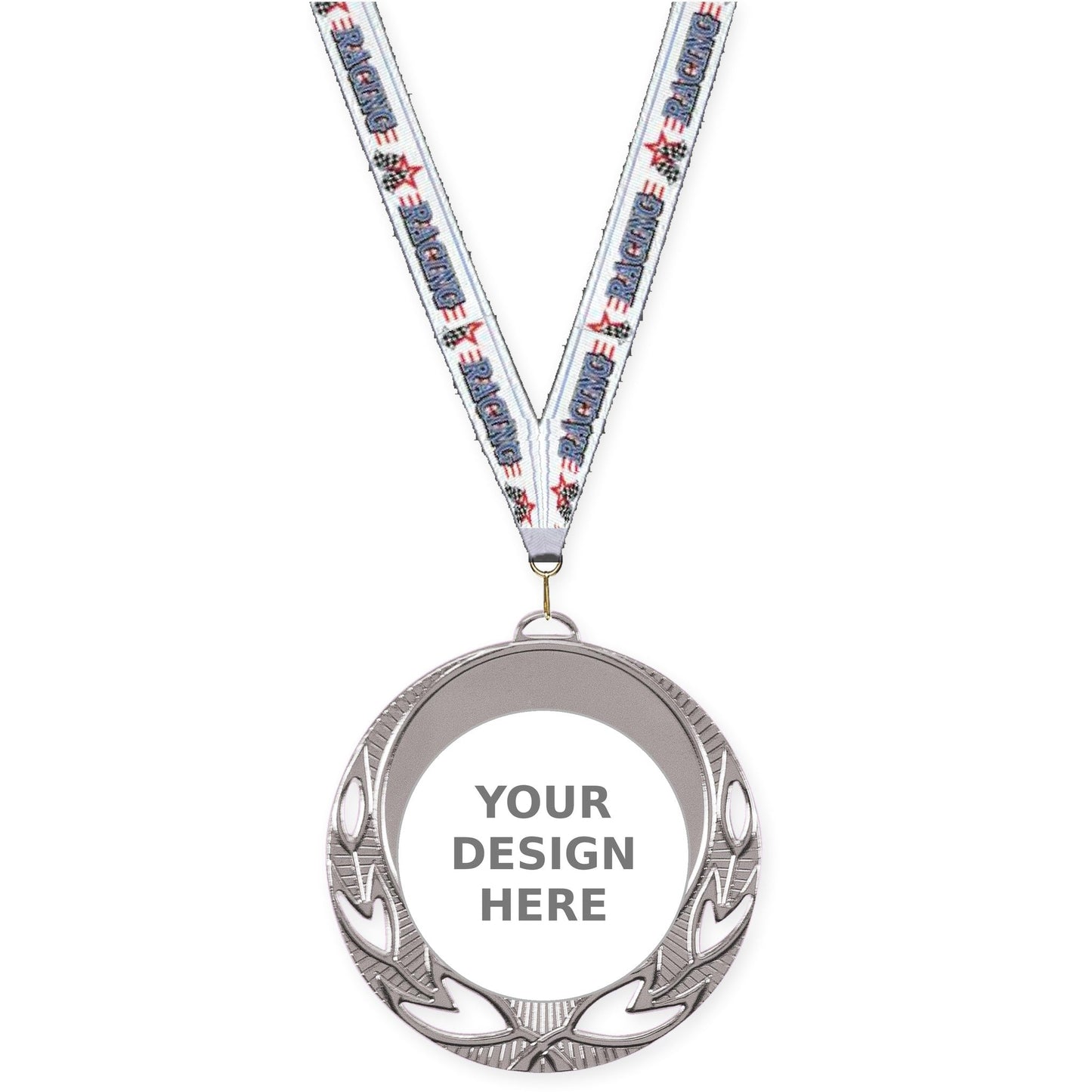 2 3/4 inch Open Laurel insert medal in bright silver with Auto Racing neck ribbon