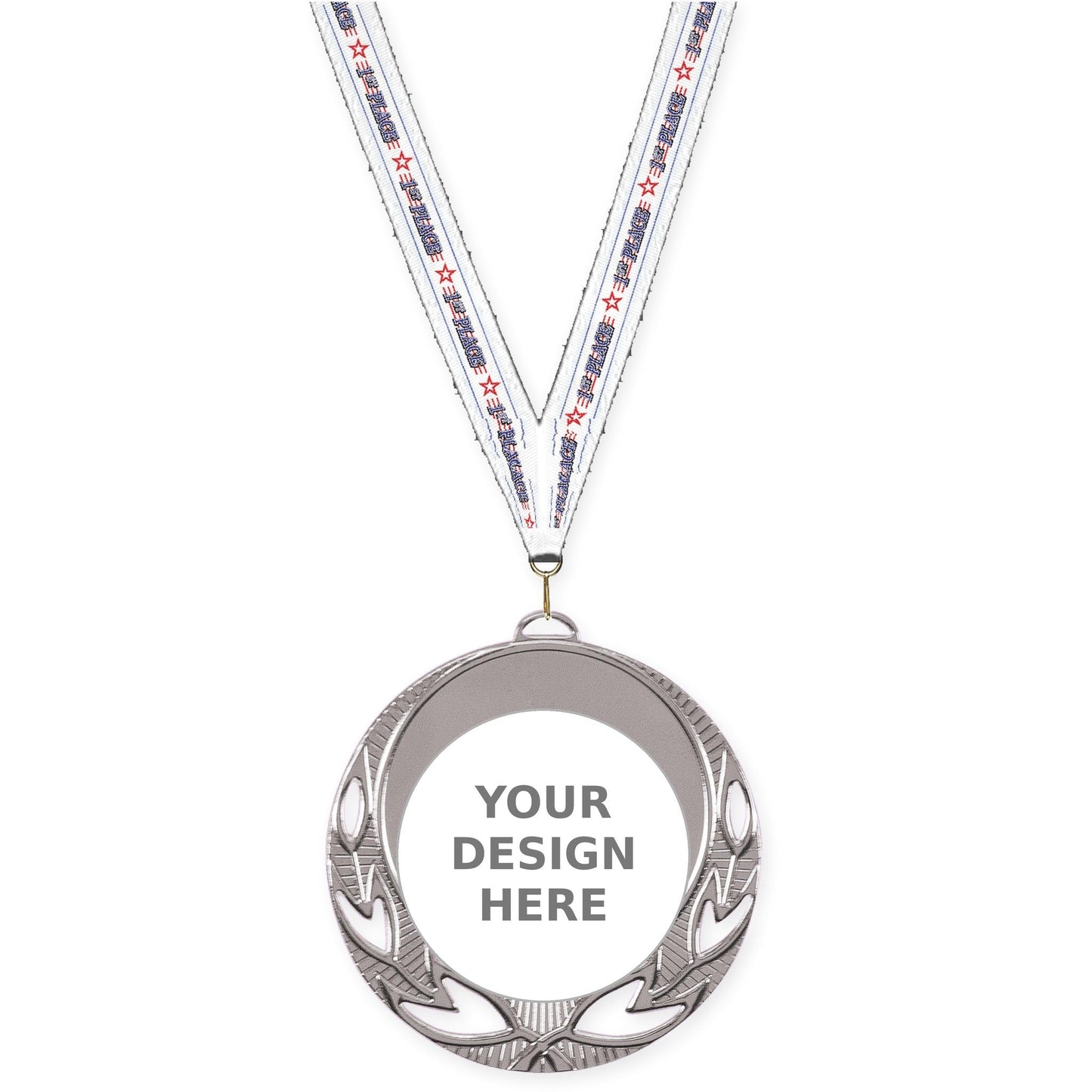 2 3/4 inch Open Laurel insert medal in bright silver with 1st Place neck ribbon