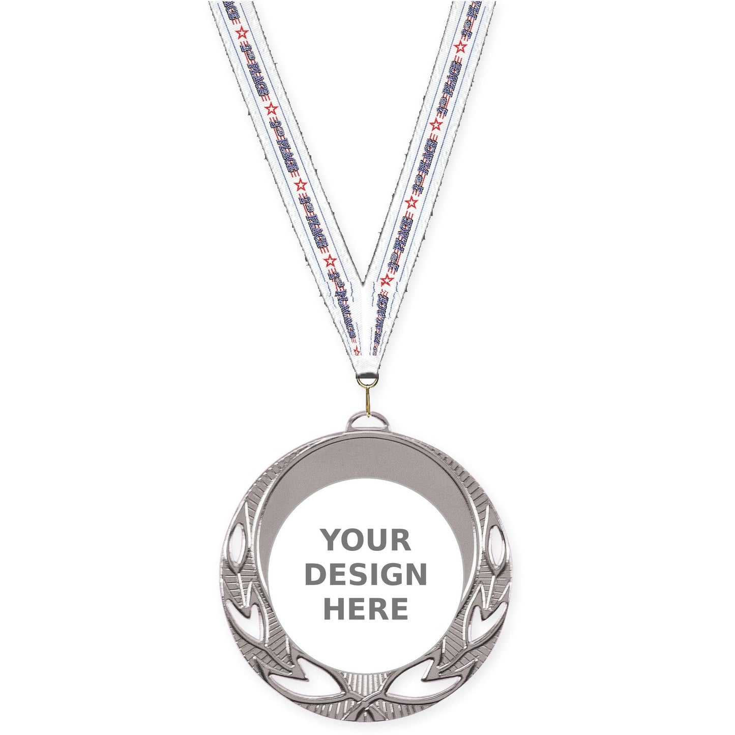 2 3/4 inch Open Laurel insert medal in bright silver with 2nd Place neck ribbon