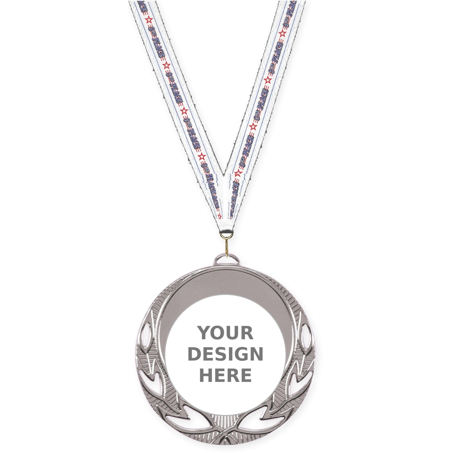 2 3/4 inch Open Laurel insert medal in bright silver with 3rd Place neck ribbon