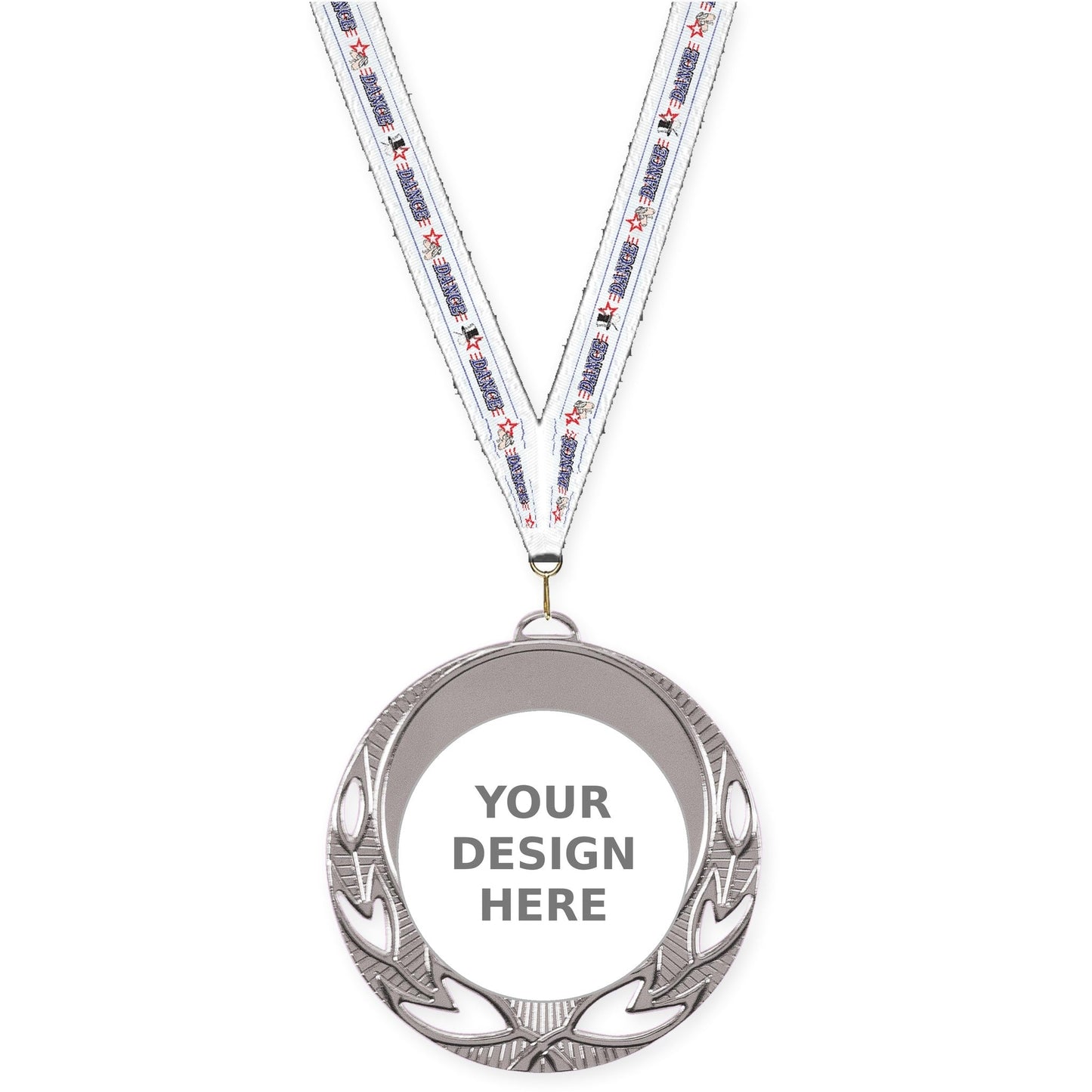 2 3/4 inch Open Laurel insert medal in bright silver with Dance neck ribbon
