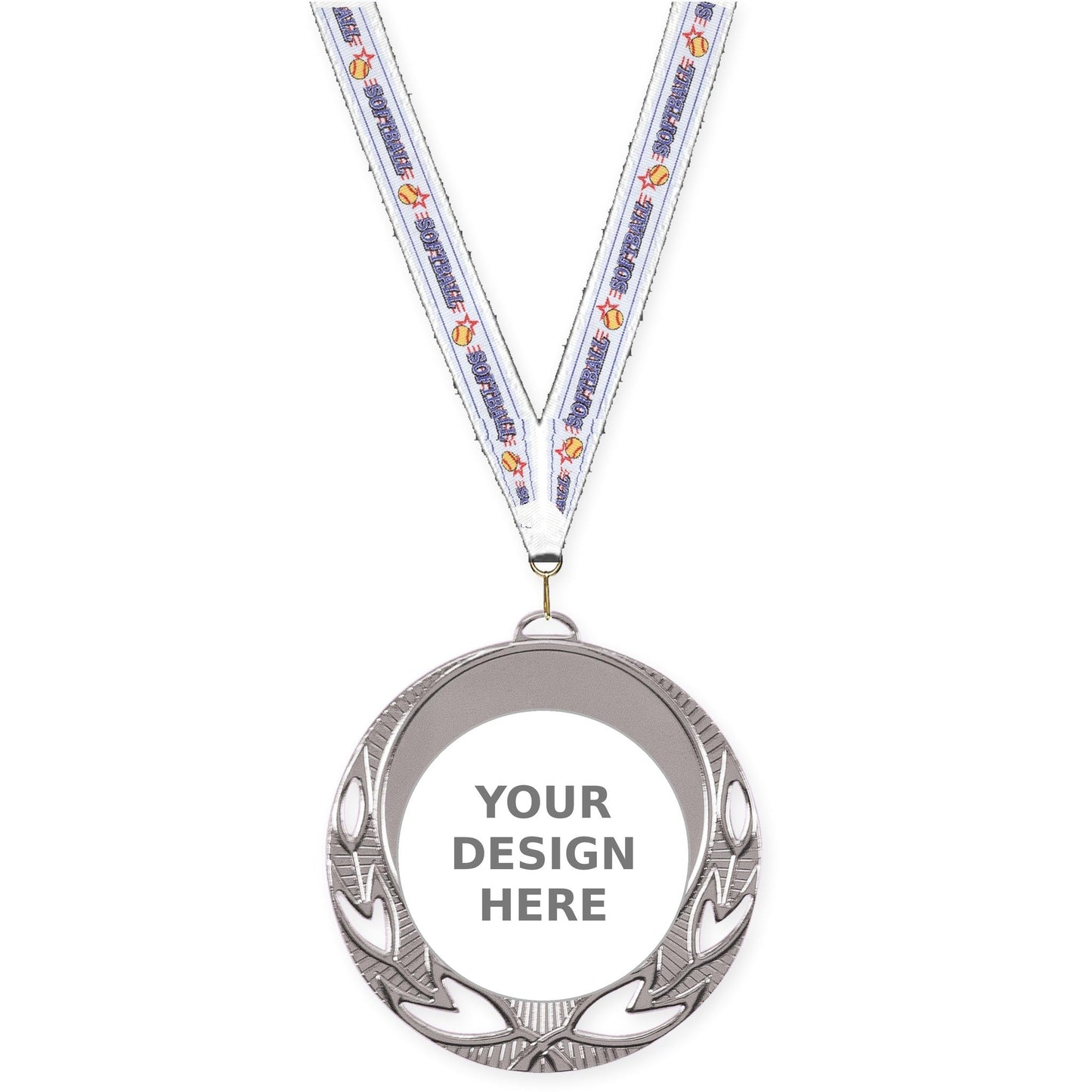 2 3/4 inch Open Laurel insert medal in bright silver with Softball neck ribbon