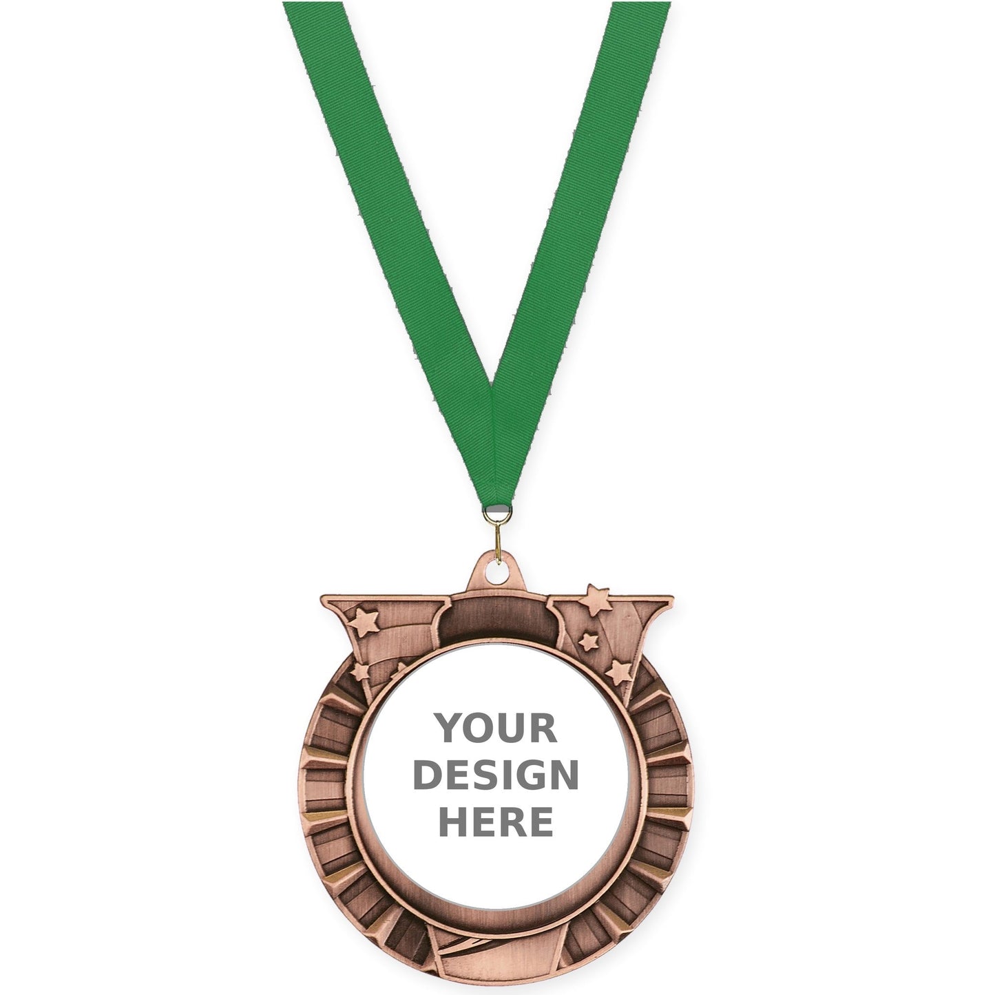2 3/4 inch Victory Star insert medal in antique bronze with Green neck ribbon