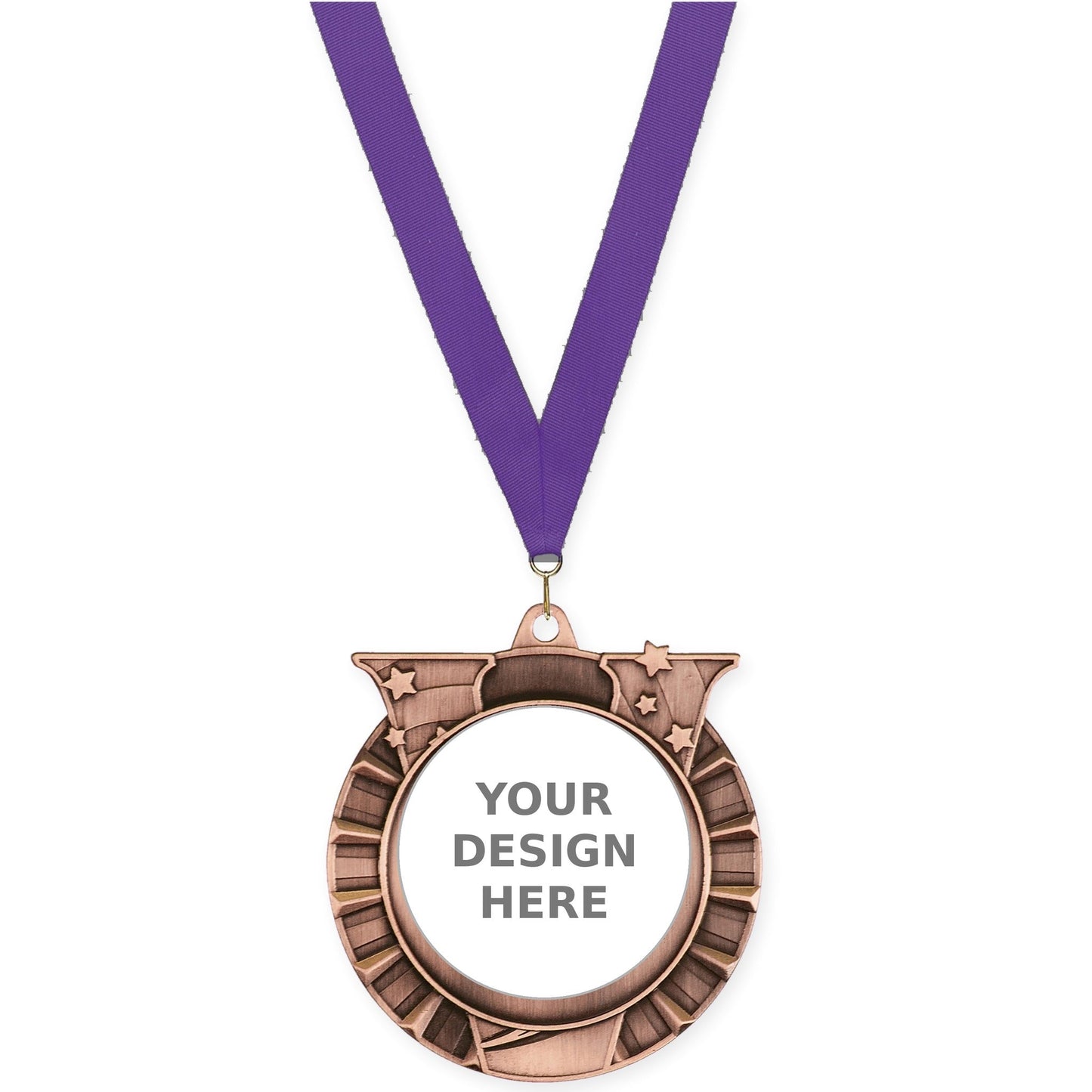 2 3/4 inch Victory Star insert medal in antique bronze with Purple neck ribbon