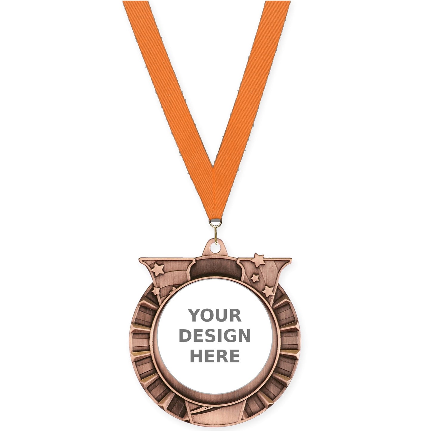 2 3/4 inch Victory Star insert medal in antique bronze with Orange neck ribbon