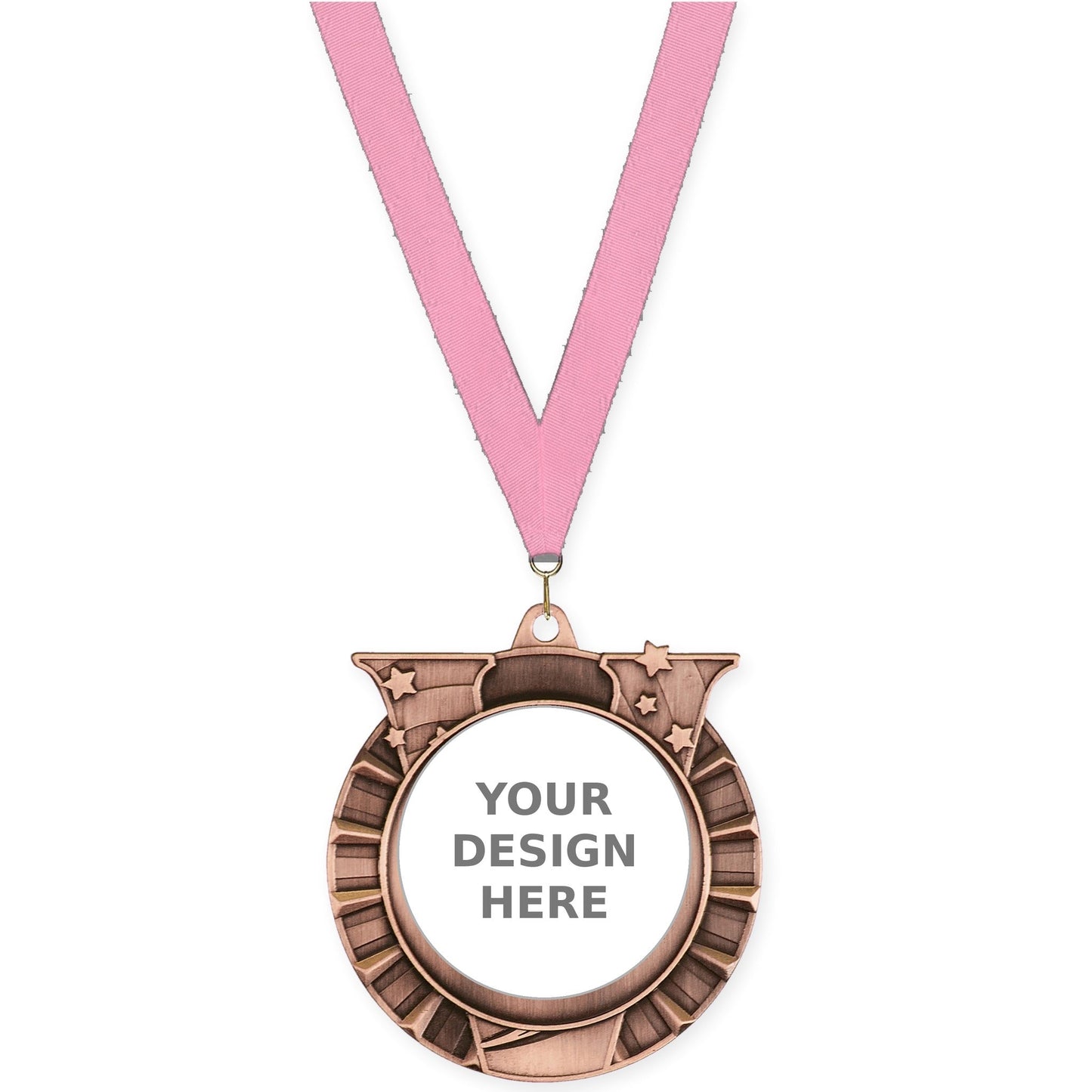 2 3/4 inch Victory Star insert medal in antique bronze with Pink neck ribbon