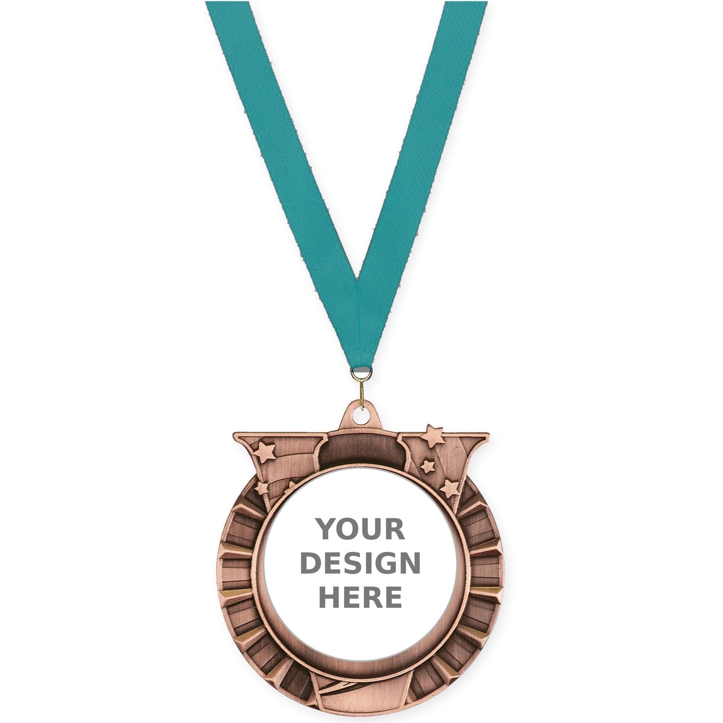 2 3/4 inch Victory Star insert medal in antique bronze with Teal neck ribbon