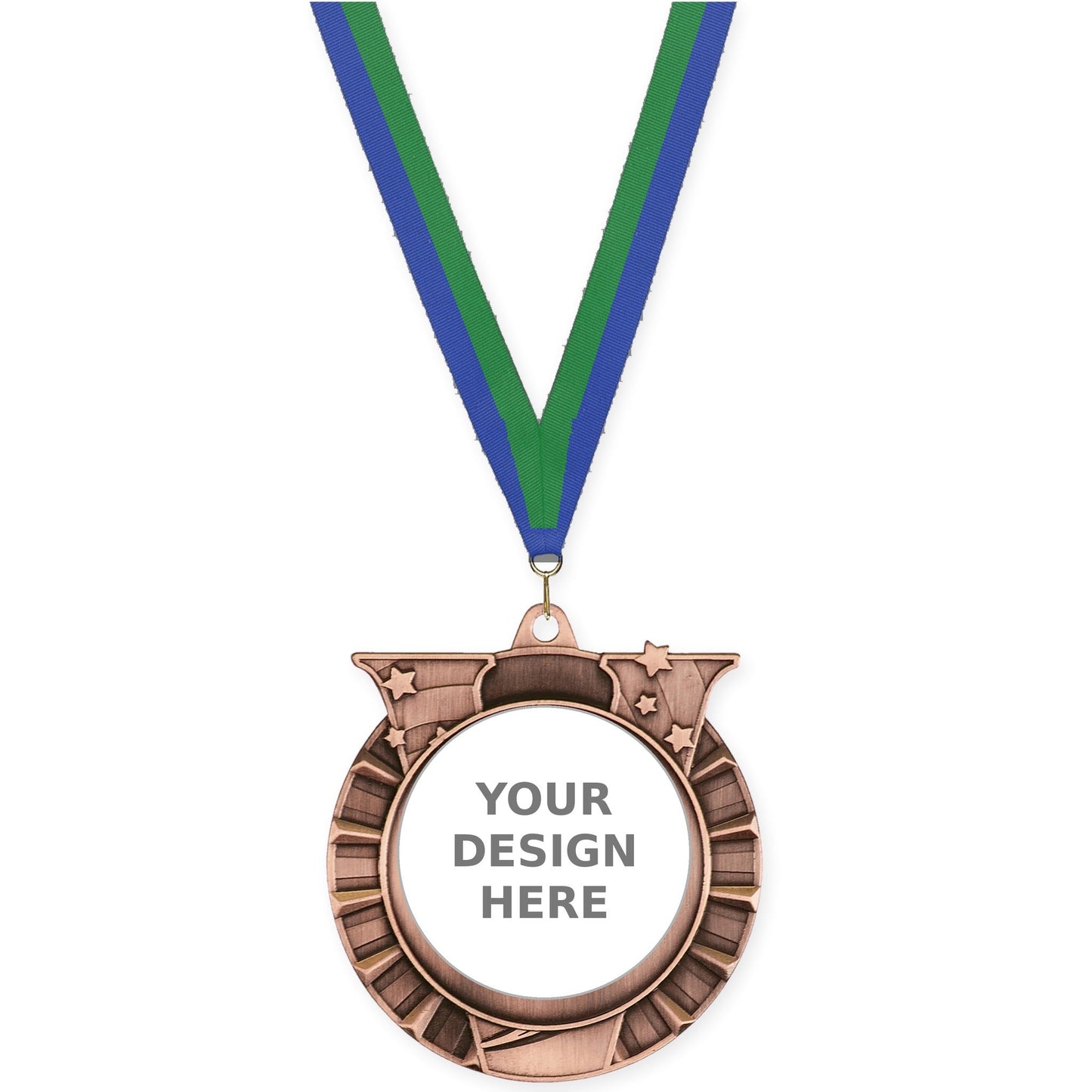 2 3/4 inch Victory Star insert medal in antique bronze with Blue Green neck ribbon