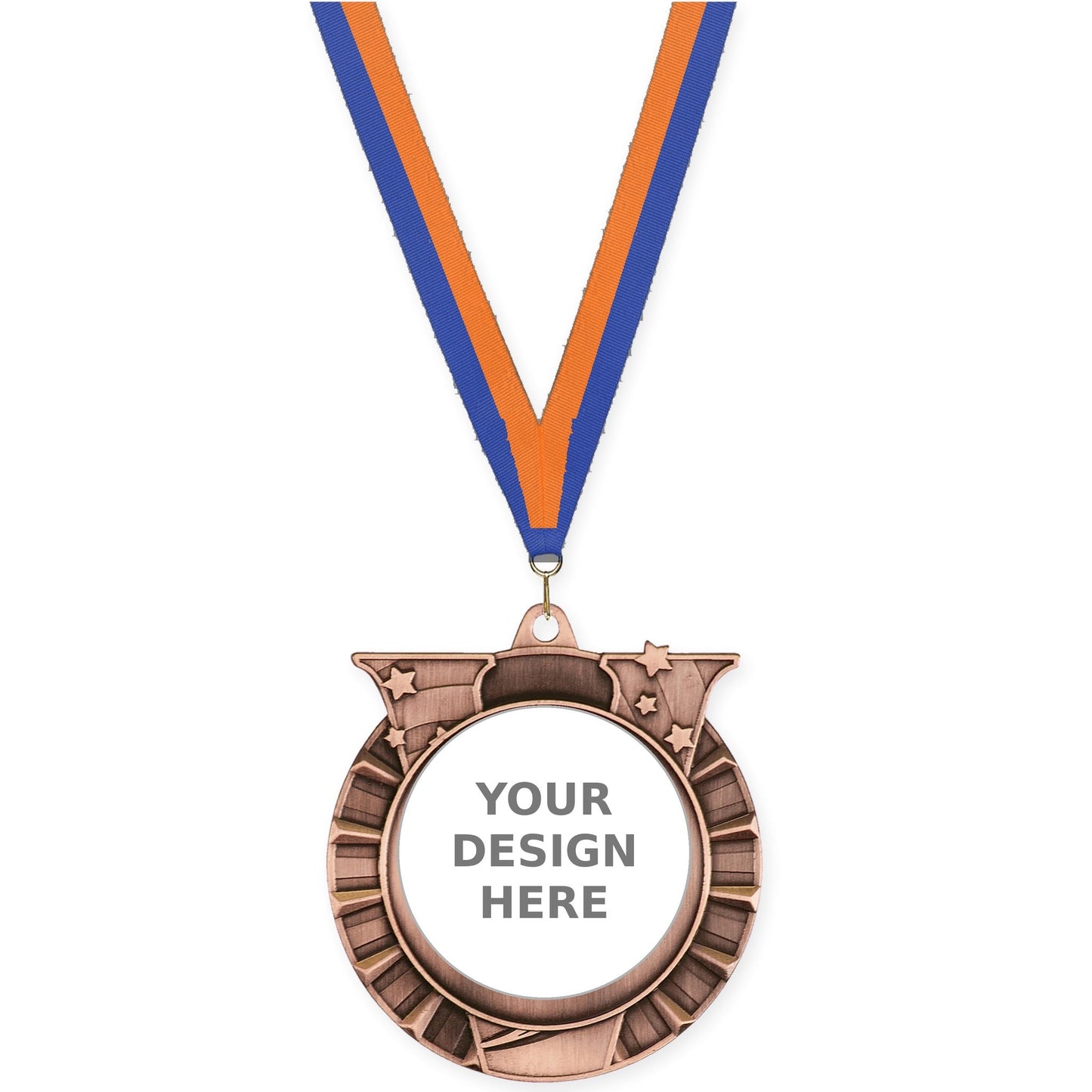 2 3/4 inch Victory Star insert medal in antique bronze with Blue Orange neck ribbon