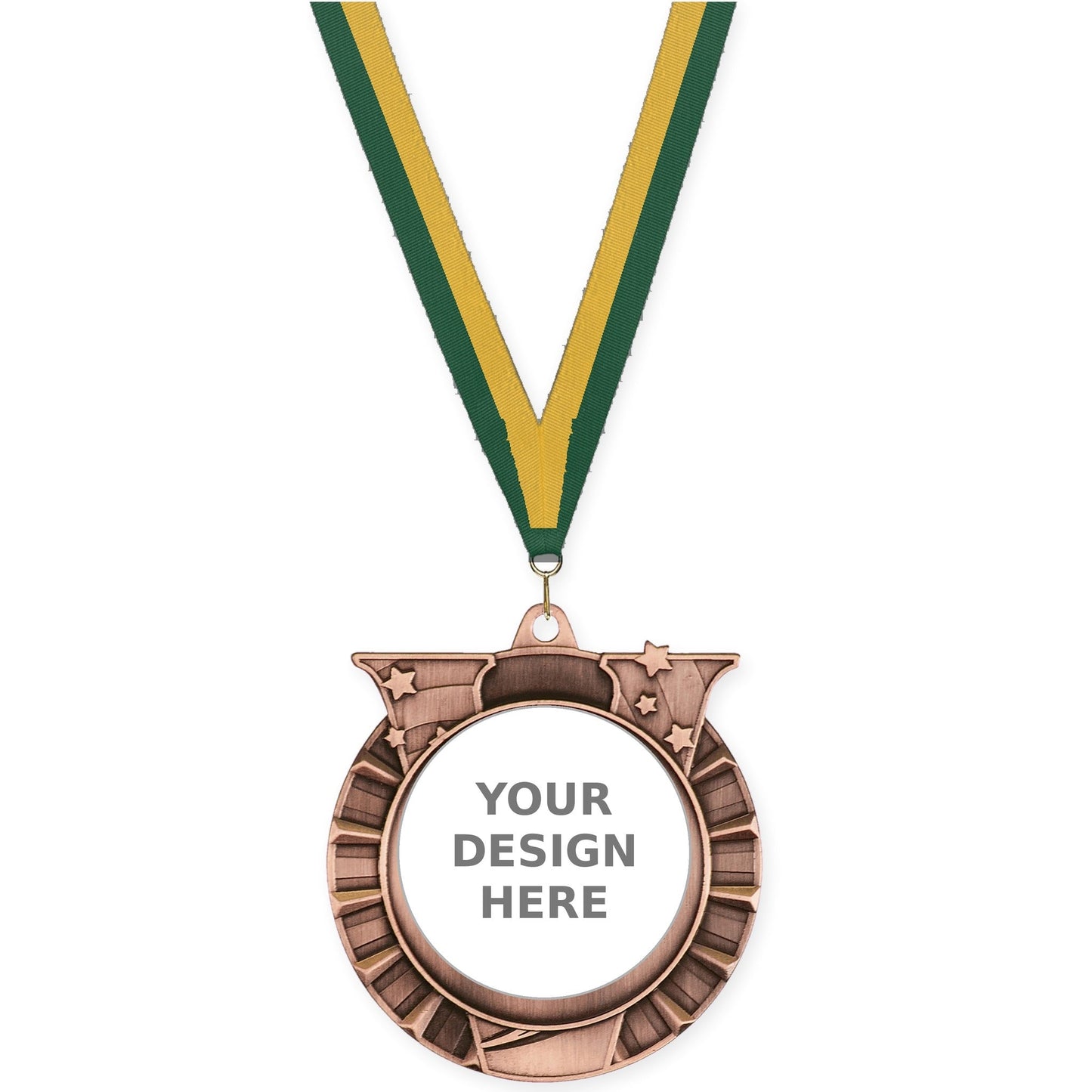 2 3/4 inch Victory Star insert medal in antique bronze with Hunter Green Gold neck ribbon